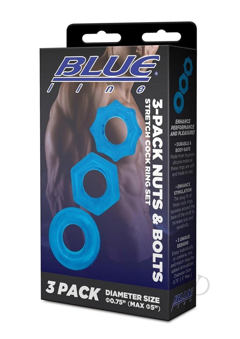 Premium Blue Line Nuts and Bolts Stretch Cock Ring Set (3-Pack) - Comfortable & Durable Elastic Penis Ring for Enhanced Performance - Perfect for Couples Play & Solo Pleasure