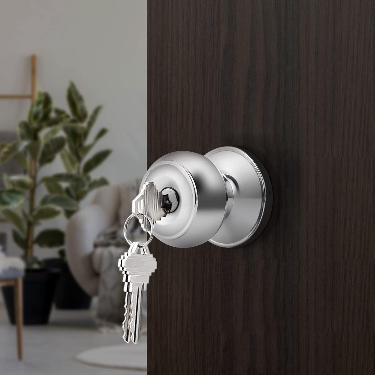 **Probrico Colonial Style Keyed Entry Door Knob with Lock - Flat Ball Exterior/Interior Door Lockset for Front or Back Doors - Polished Chrome (1 Pack) - Perfect for Home, Office & Apartment Security**