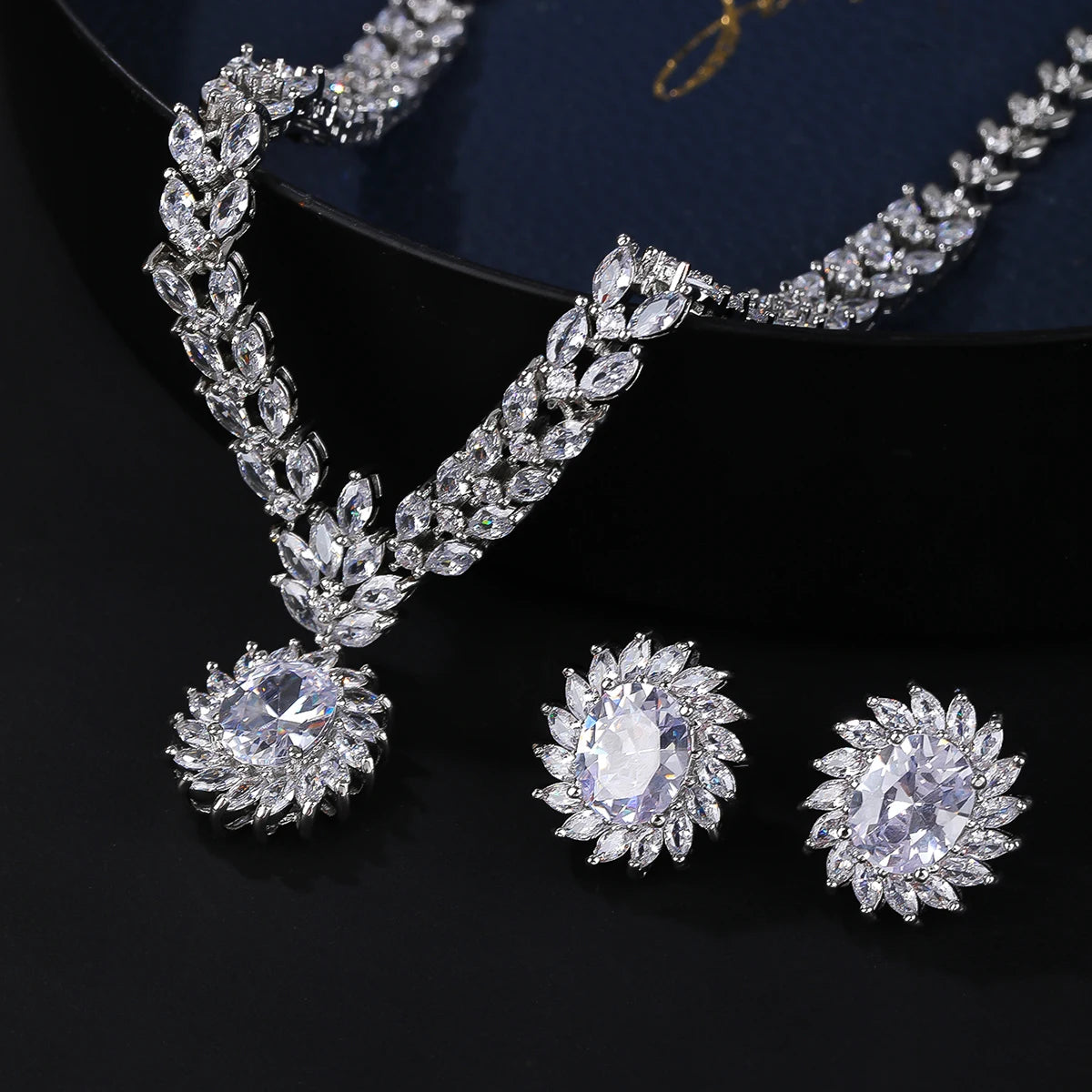 Elegant CZ Necklace and Earrings Jewelry Set - Bridal Wedding Party Jewelry - European Style Fashion Accessories for Women - Perfect for Weddings, Prom, Evening Dresses and Special Occasions