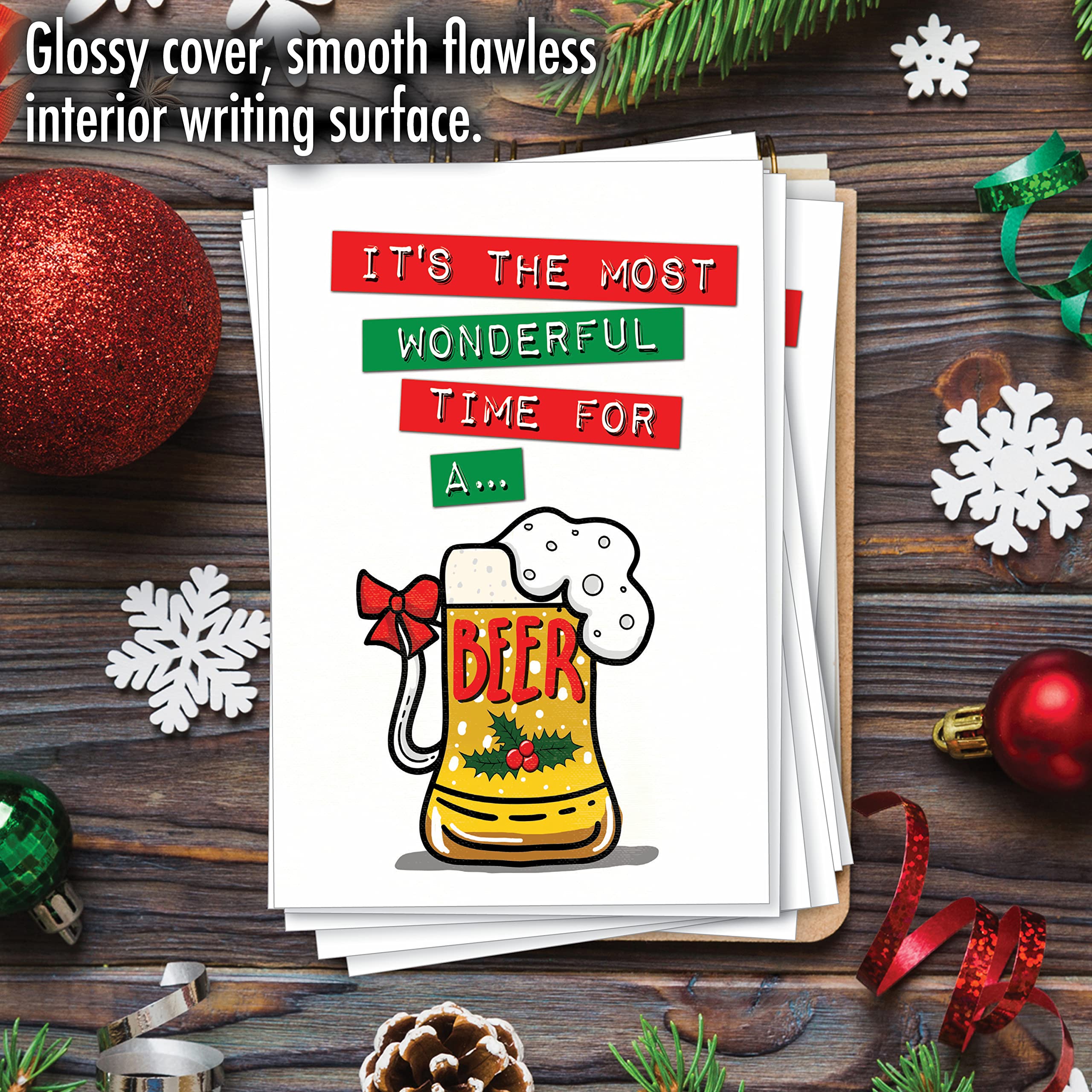 NobleWorks 12-Pack Funny Christmas Greeting Cards with Envelopes - Holiday Humor Beer Time Design for Men & Women - Perfect for Office Parties, Family Gatherings & Secret Santa Exchanges (C7072XSG-B12x1)