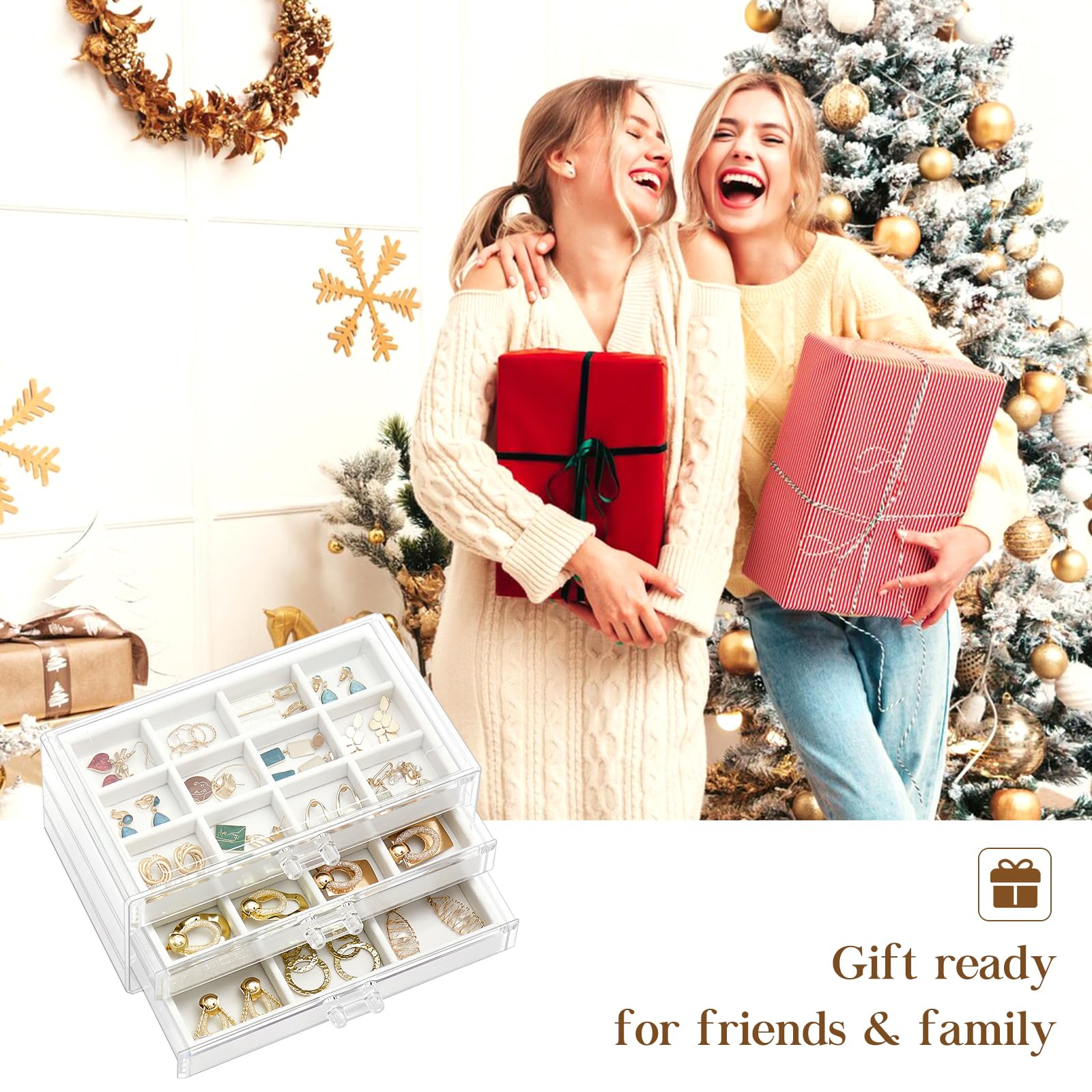 ProCase Acrylic 3-Drawer Jewelry Box with Adjustable Velvet Trays - Clear Earring Holder Organizer for Women, Warm White | Perfect for Bedroom Vanity, Travel & Gift Giving