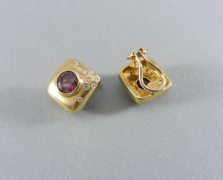 Angela Cummings Pink Tourmaline & Diamond 14K Brushed Gold Square Stud Earrings for Women - Perfect for Weddings, Parties & Special Occasions