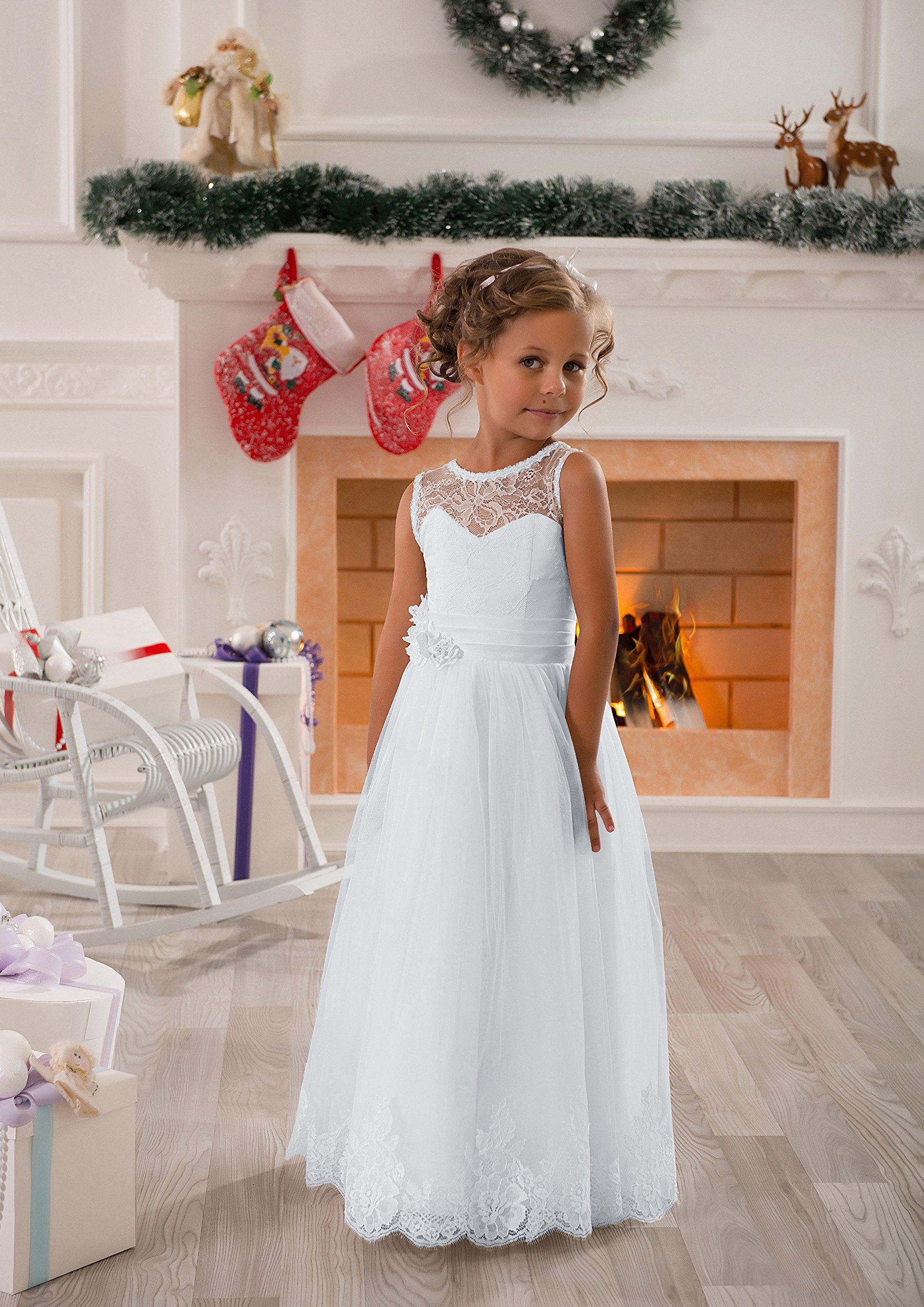 Lace Embellished A-Line Sleeveless Girls Wedding Party Dresses - Elegant Flower Girl Dress for Special Occasions, Birthday, Pageant & Formal Events
