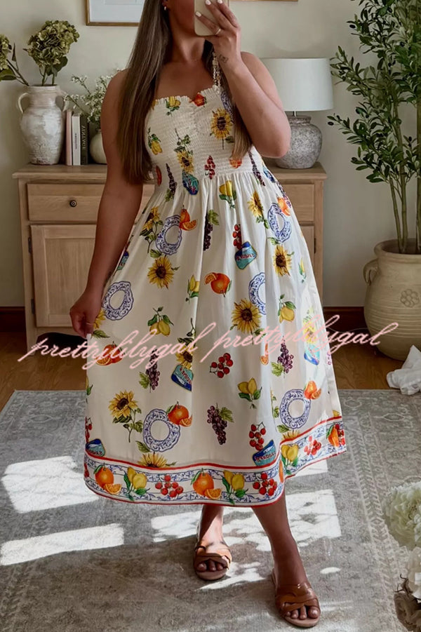 Stylish Summer Fruit Print Sling Pleated Midi Dress - Perfect for Vacation, Beach Outings & Casual Daywear