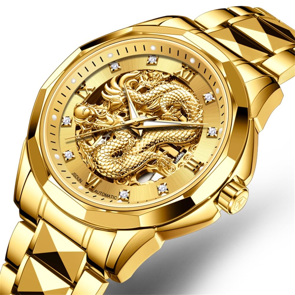 OLEVS Men's Gold Automatic Skeleton Mechanical Watch with Dragon Design - Luxury Tungsten Steel Business Dress Watch, Luminous Hands, 160FT Waterproof, Diamond Accents - Perfect for Formal Events, Business Meetings & Special Occasions