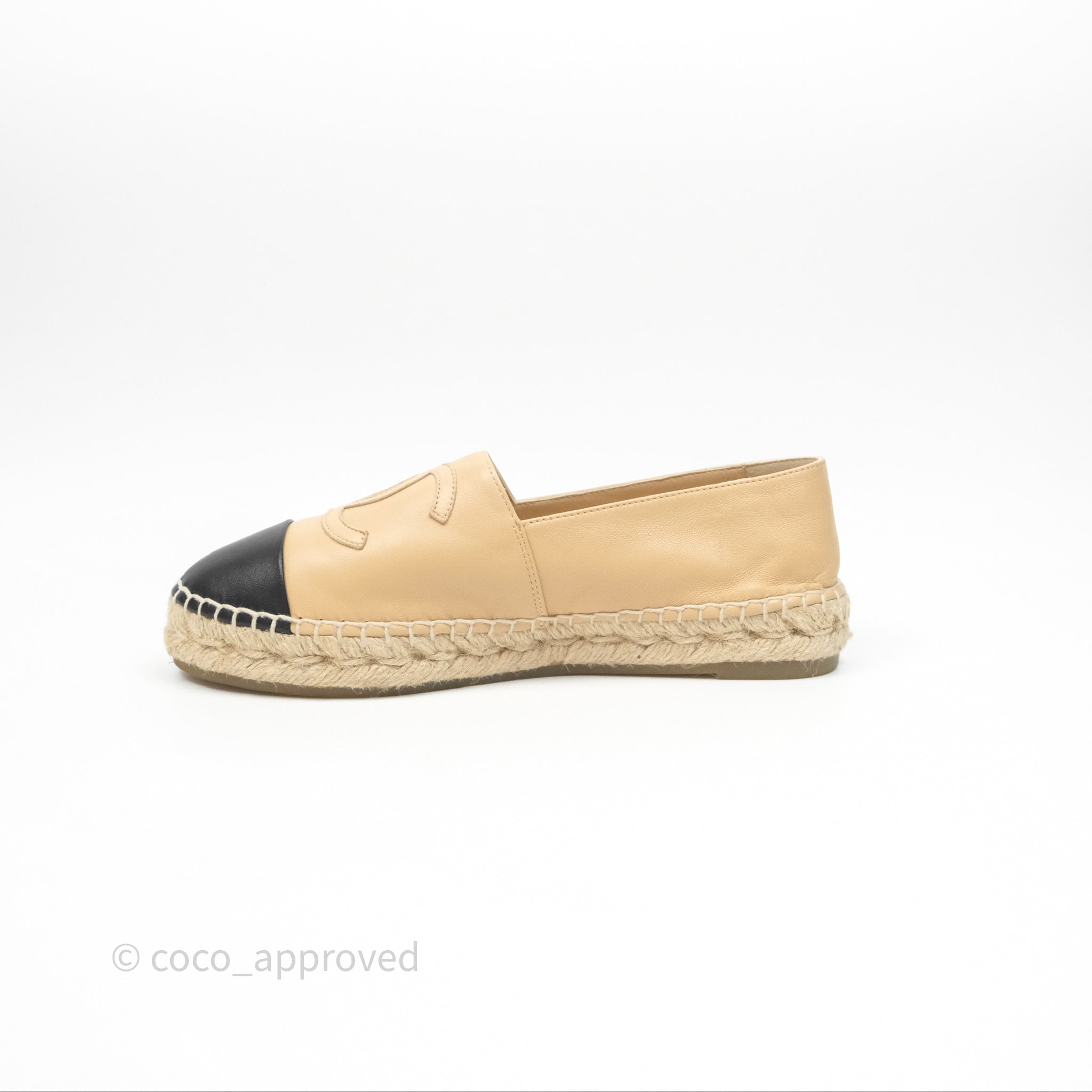 Chanel CC Logo Espadrilles in Beige & Black Lambskin - Women's Size 38 | Comfortable Summer Flats for Beach, Vacation & Casual Outings