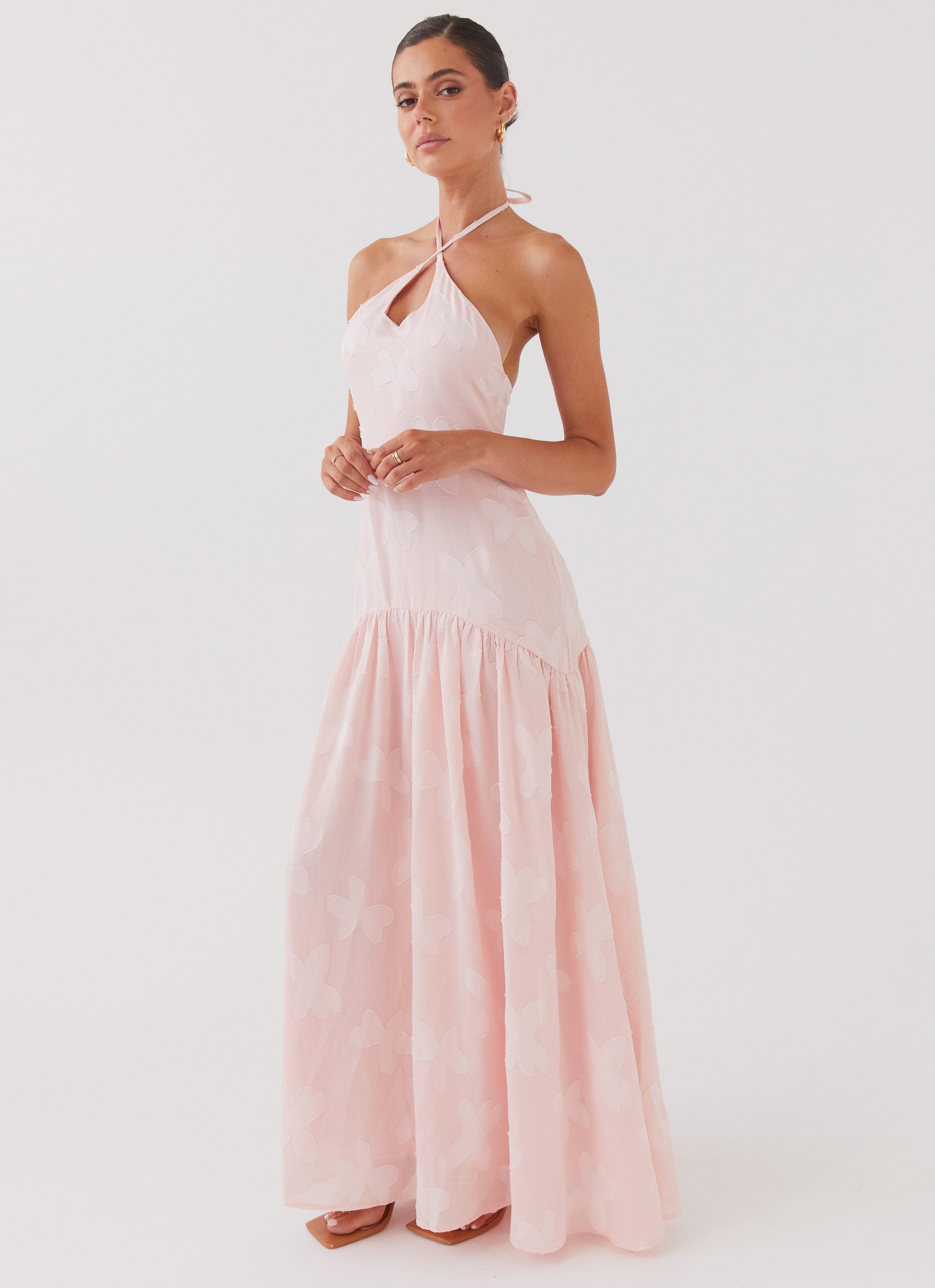Blushed Cross Neckline Maxi Dress - Elegant Pink Petal Flowy Long Dress for Women, Perfect for Weddings, Parties & Summer Outfits