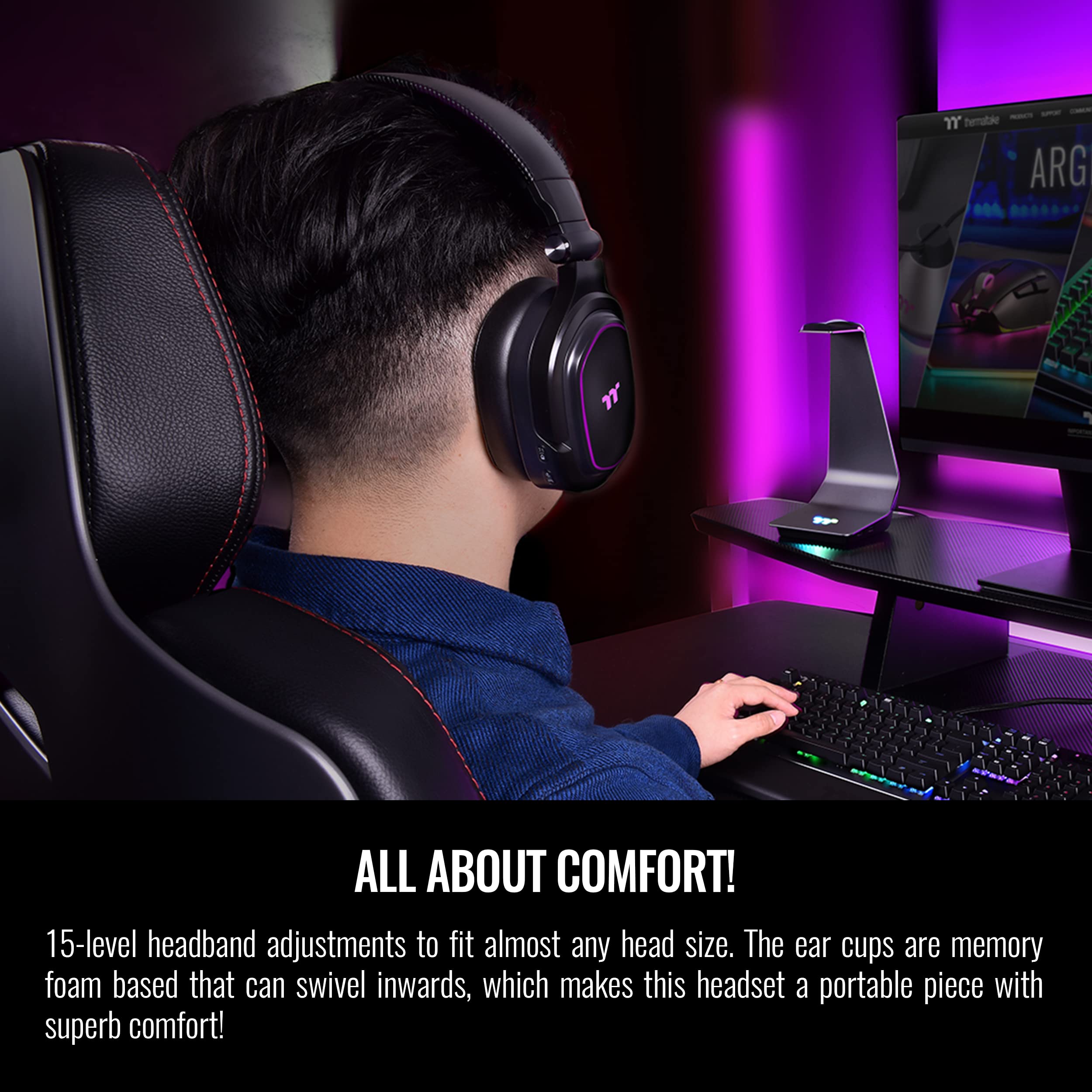 Thermaltake Argent H5 Wireless Gaming Headset - 40MM Hi-Res Audio, Noise Cancelling Mic - Compatible with PC, Xbox One, PS4, Mac (Black) | Perfect for FPS Games, Streaming & Online Meetings