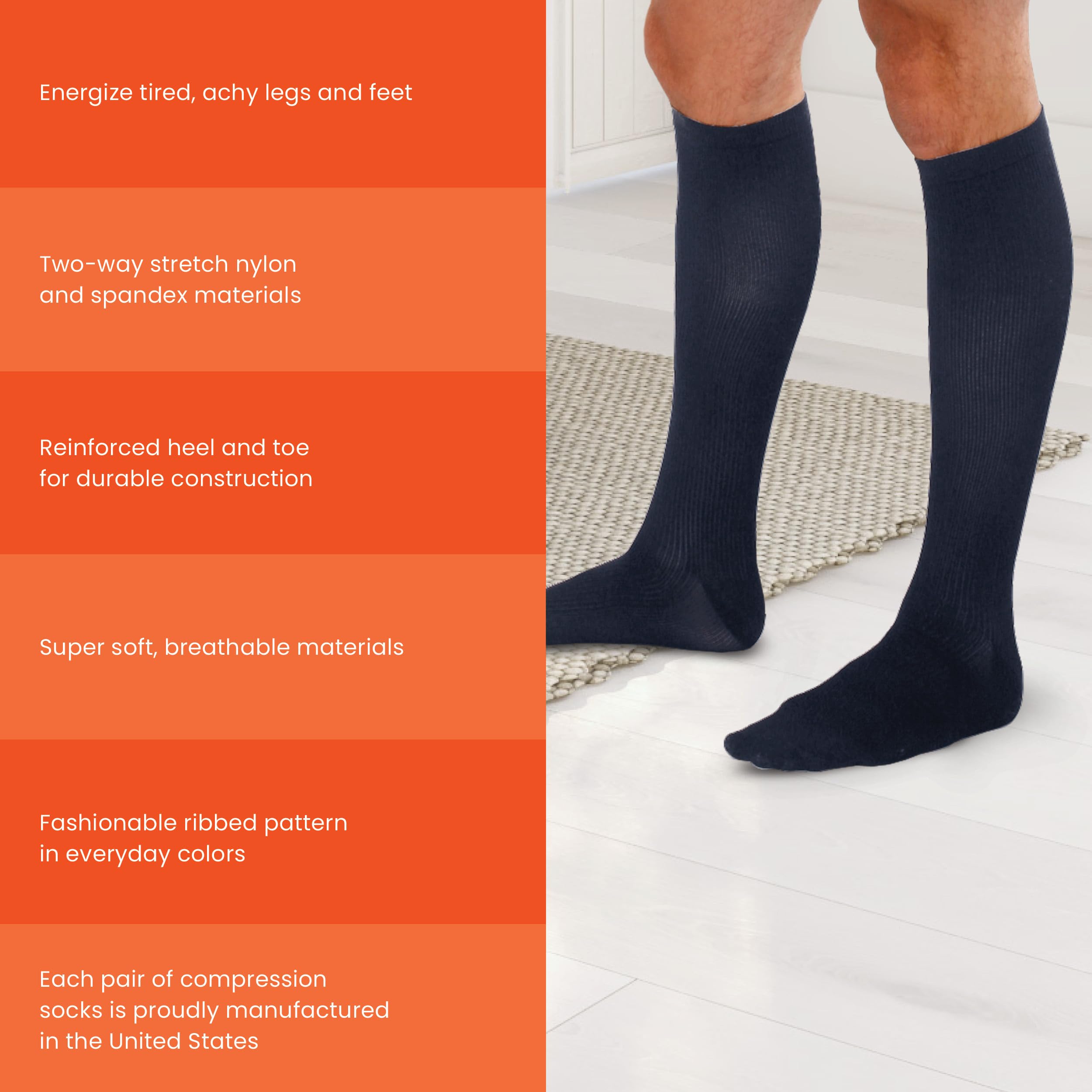 Men's Ribbed Trouser Socks with Light Compression (10-15mmHg) - Comfortable Support Socks for Work, Travel & Everyday Wear