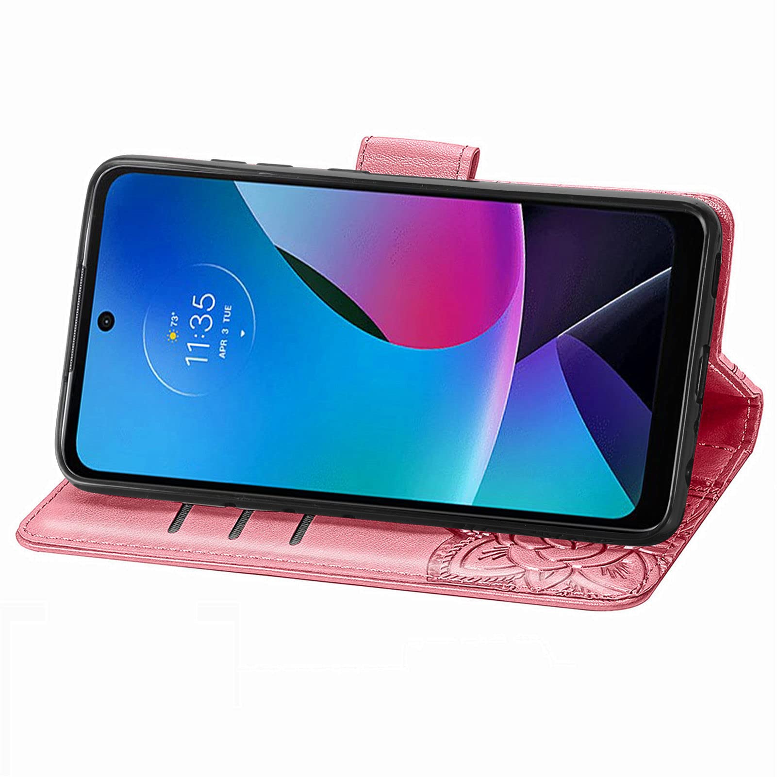 Motorola Moto G Play 2024 Wallet Case - PU Leather Flip Cover with Card Slots, Wrist Strap & Kickstand | Protective Phone Case with Butterfly Flower Embossed Design in Pink | Perfect for Everyday Use, Travel & Hands-Free Convenience