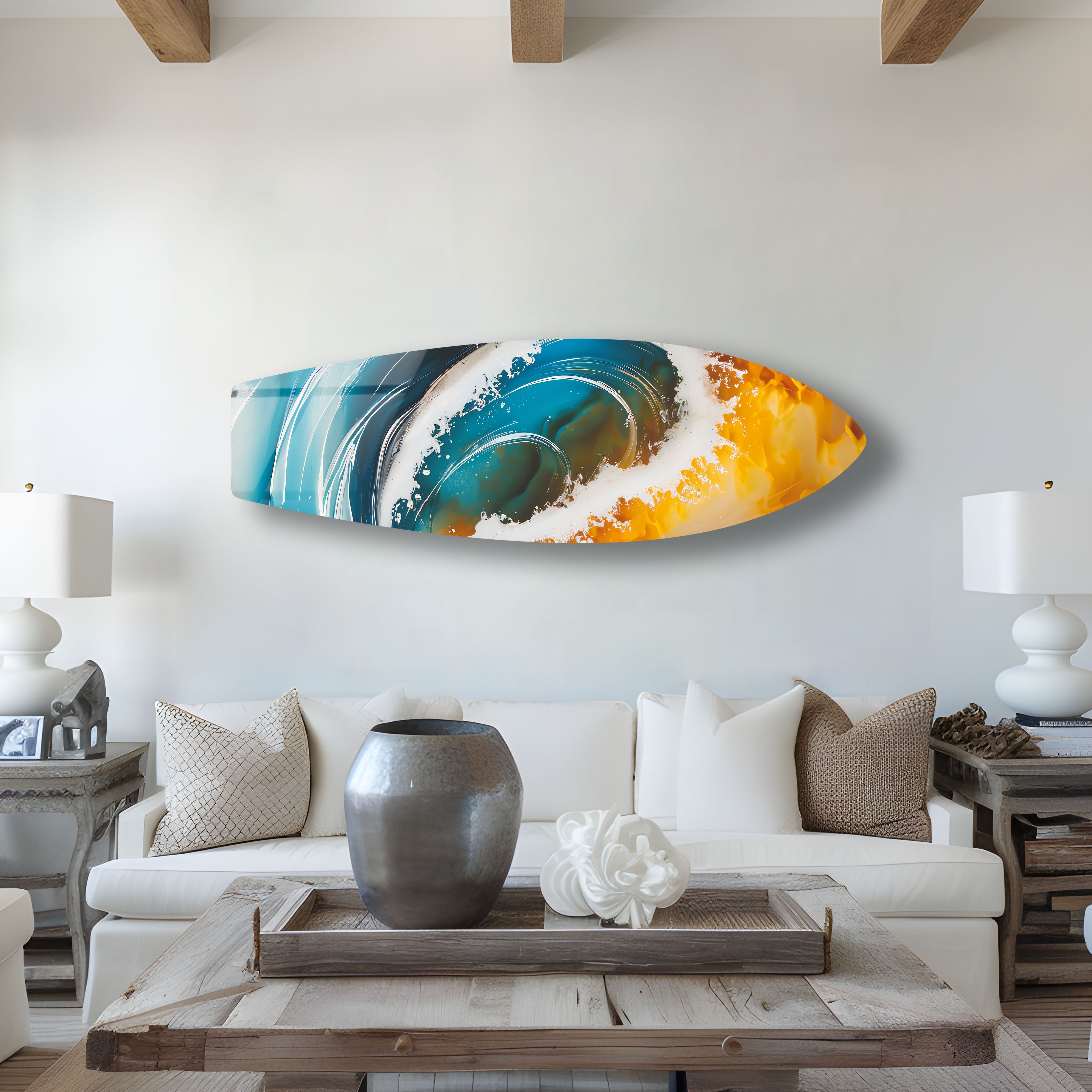 Big Ocean Waves Surfboard Wall Art - Coastal Beach Decor for Living Room, Bedroom & Office - Perfect Surfing Theme Home Decor