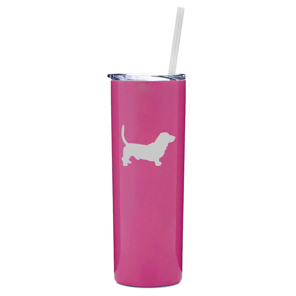 20 oz Skinny Tall Stainless Steel Vacuum Insulated Tumbler with Straw - Basset Hound Design (Hot Pink) - Perfect Travel Mug for Coffee, Tea & Cold Drinks on the Go