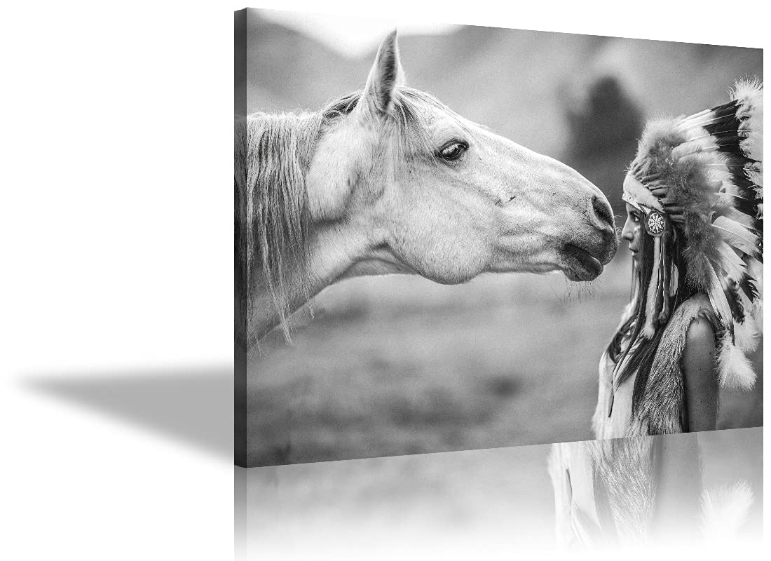 Native American Indian Girl with Horse Canvas Wall Art - 24x36 Inch Indian Picture Poster for Bedroom Decor | Western Home Decor, Living Room Wall Hanging, Office Artwork