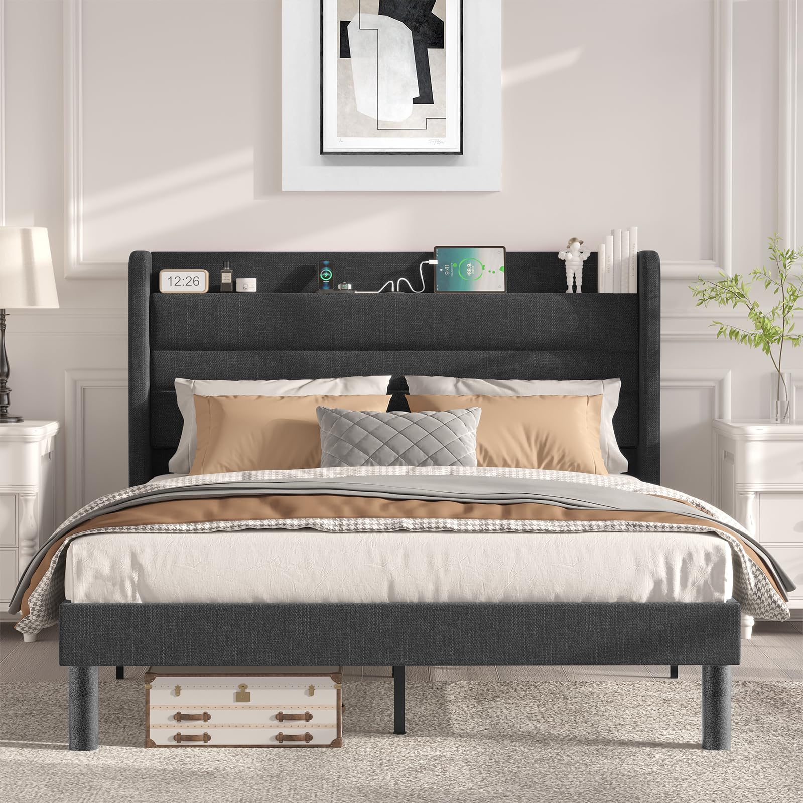 Flolinda Queen Size Upholstered Platform Bed Frame with USB & Type-C Charging Ports, Wingback Headboard with Shelf, Dark Gray - Perfect for Modern Bedrooms & Small Spaces