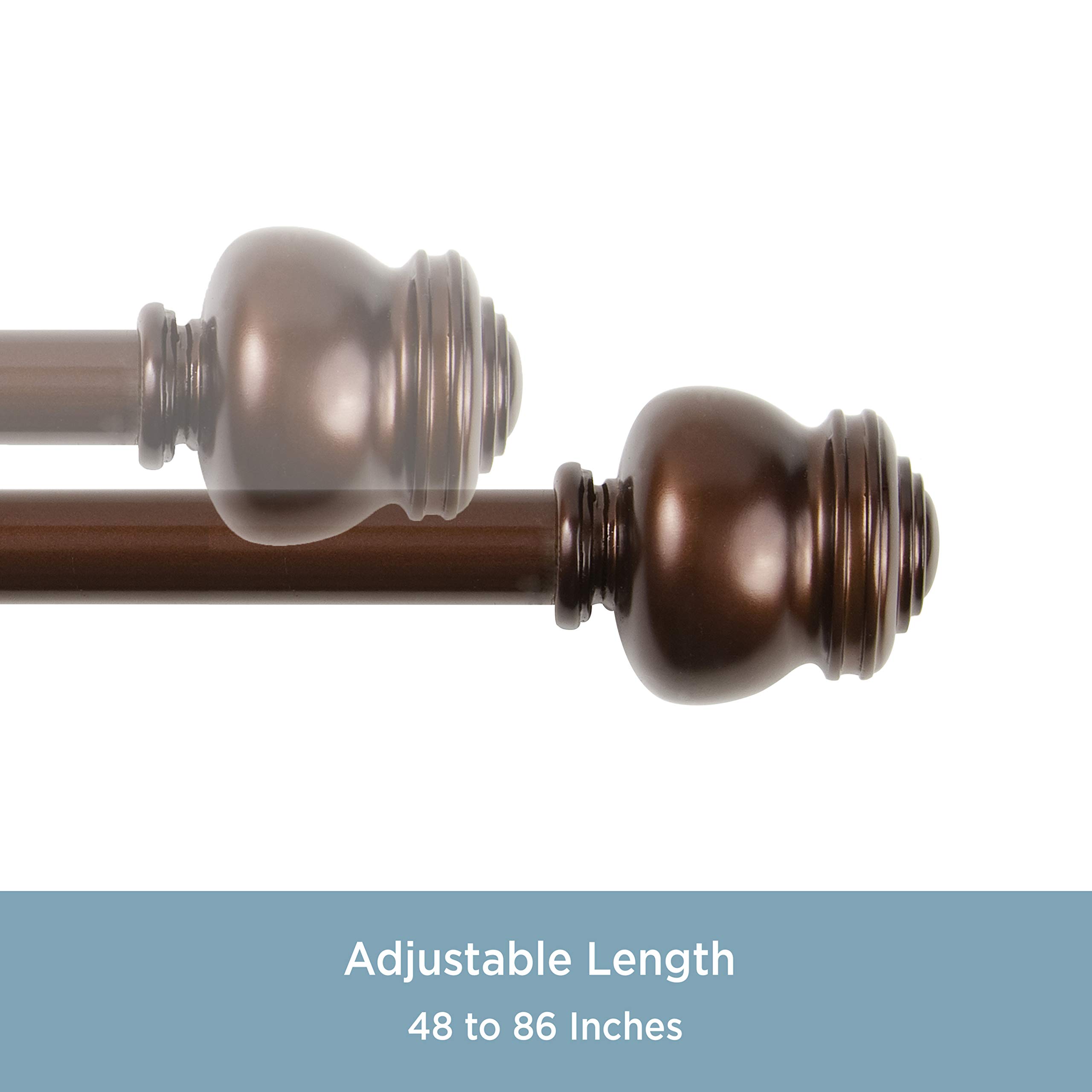 Adjustable Window Curtain Rod 48-86 Inches - Kenney Glendale Knob Extendable Drapery Rod Set in Cocoa Brown for Living Room, Bedroom & Home Decor