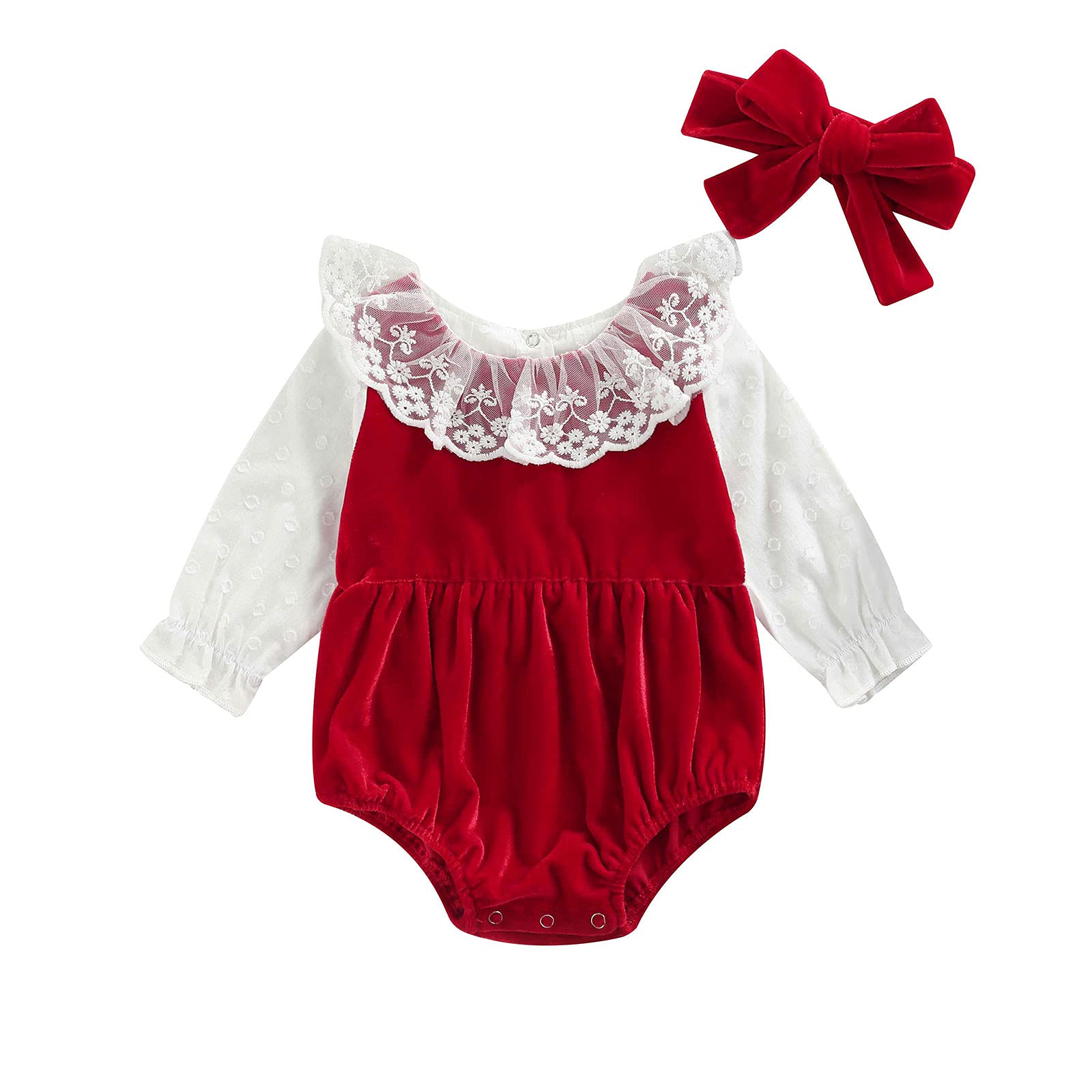 BOIBOKO Newborn Baby Girl Christmas Outfit - Red Lace Long Sleeve Romper Jumpsuit with Headband | Winter Holiday Photoshoot, Family Gathering, Seasonal Party Wear