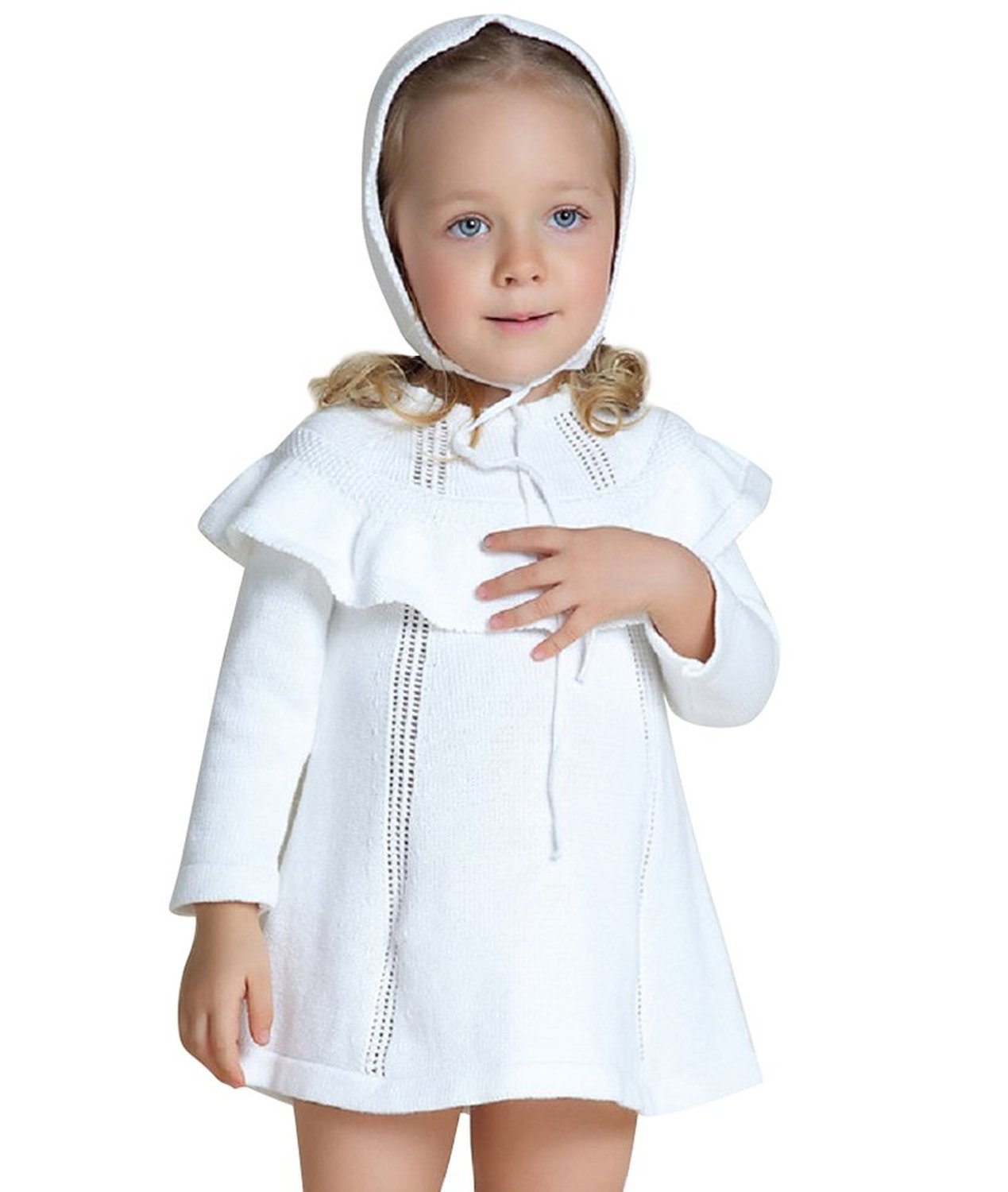 FOUNDO Girls' Long Sleeve Knit Sweater Dress with Matching Hat - Elegant Princess Party Outfit for Birthday, Holiday & Special Occasions