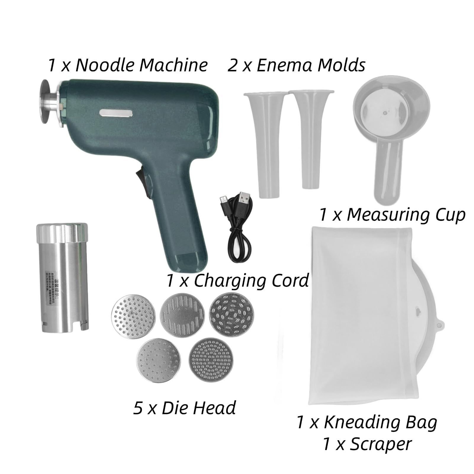5-in-1 Electric Pasta Maker Machine - Handheld Cordless Noodle Maker for Homemade Ramen, Spaghetti & Dough - Includes Dough Press, Cutter & Cleaning Brush (Green) - Perfect for Kitchen, Camping & Small Spaces