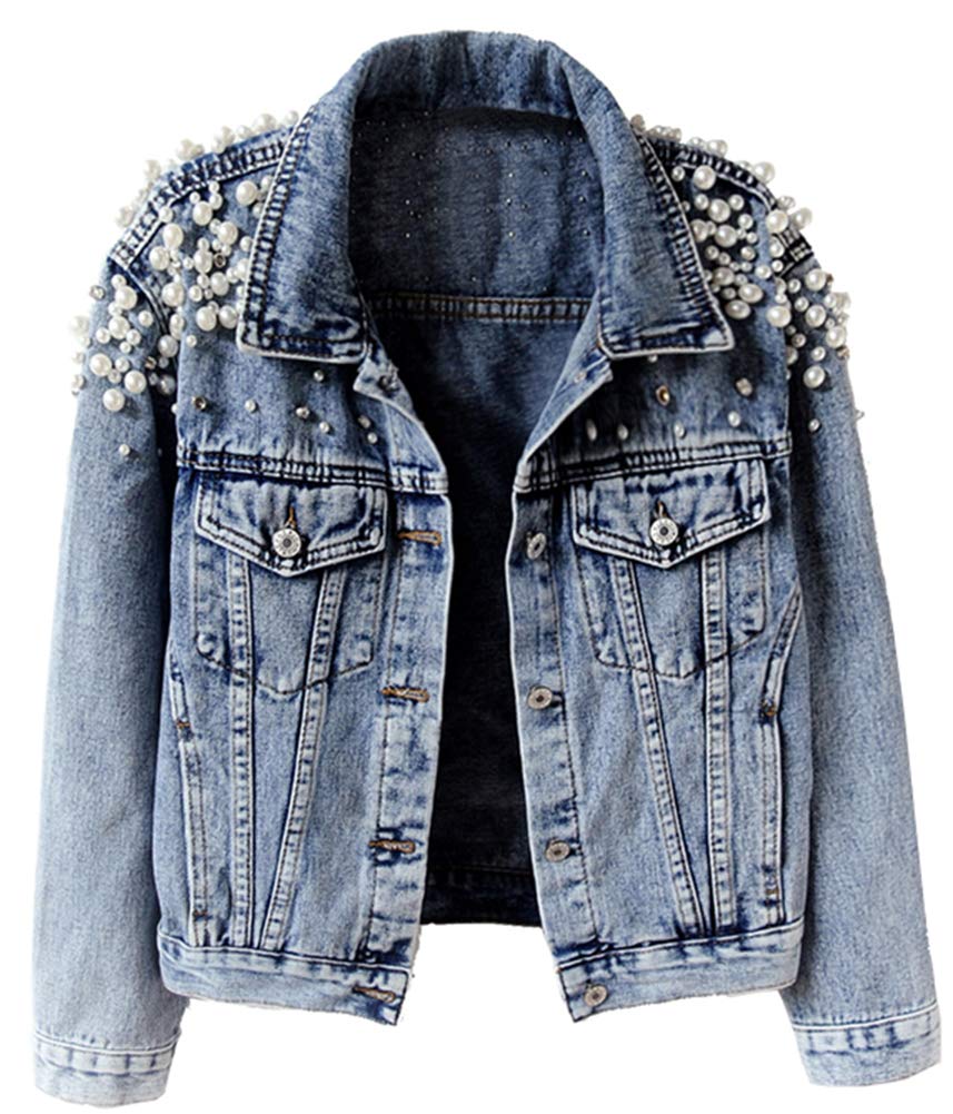 Kedera Women's Embroidered Rivet Pearl Denim Jacket - Stylish Short Jean Coat for Casual Outings, Date Nights & Spring Fashion