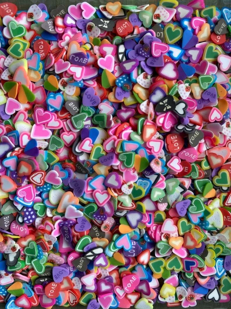 Kavya Craft Mixed Color Heart Slime Polymer Clay Slices - 500pcs Fake Bake Nail Art & DIY Craft Supplies for Jewelry Making, Scrapbooking, and Kids' Creative Projects