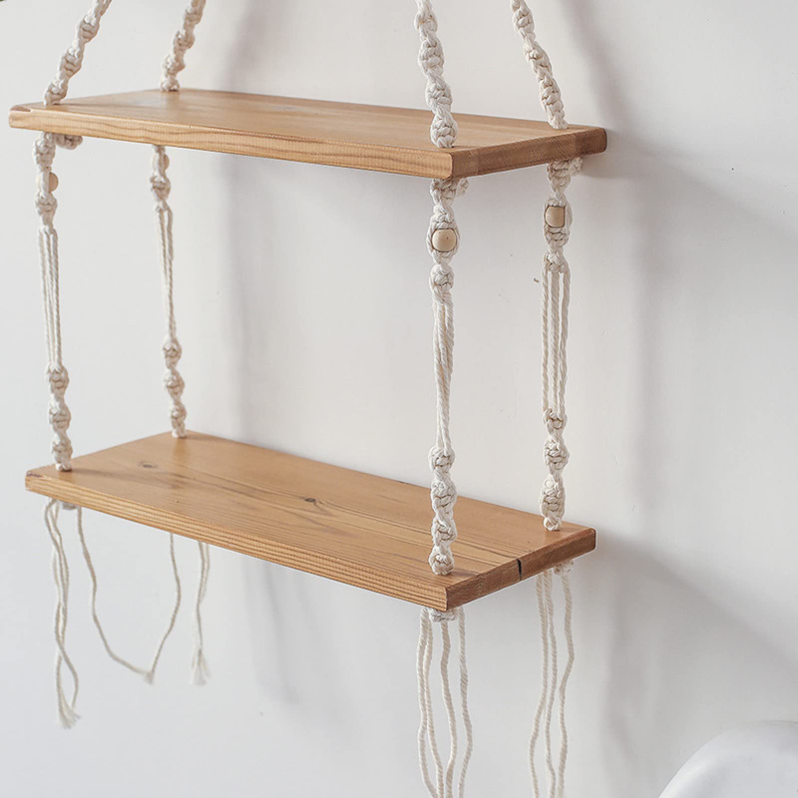 2 Tier Hanging Rope Shelves - Rustic Wooden Floating Wall Shelf for Plants, Flowers & Decor - Perfect for Living Room, Bedroom, Window & Terrace Display
