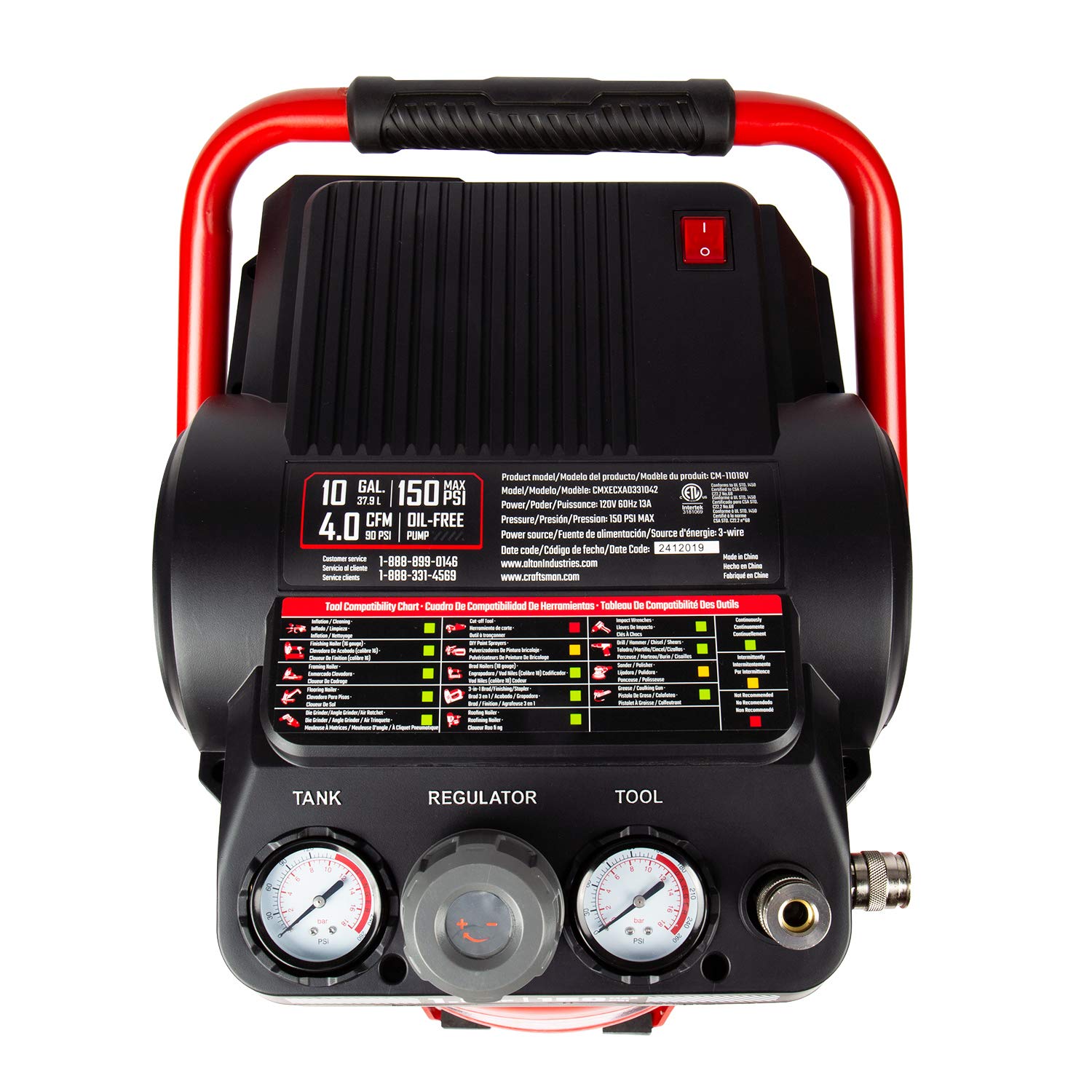 Craftsman 10 Gallon 1.8 HP Oil-Free Air Compressor - 150 PSI Max, Vertical Portable Air Tool for Home Garage & Workshop (Model CMXECXA0331042) - Perfect for Inflating Tires, Powering Nail Guns & Airbrushing