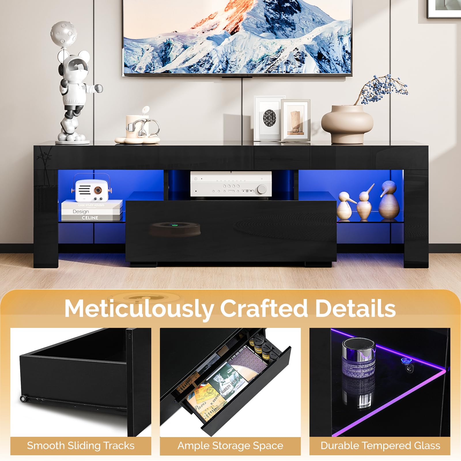 Bonnlo 60 Inch TV Stand with LED Lights - Modern Entertainment Center with Storage Cabinet for Living Room, Black (51