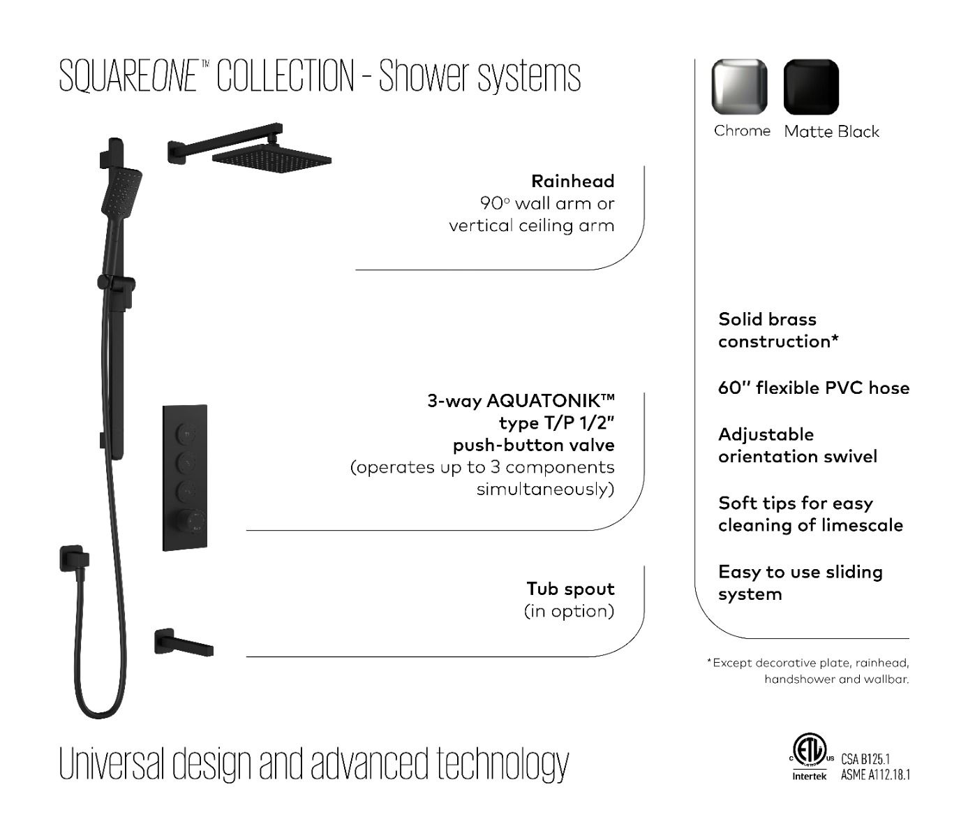 KALIA SQUAREONE TB3 Shower System with Wall Arm in Chrome Finish - Modern Bathroom Upgrade for Luxury Spa Experience
