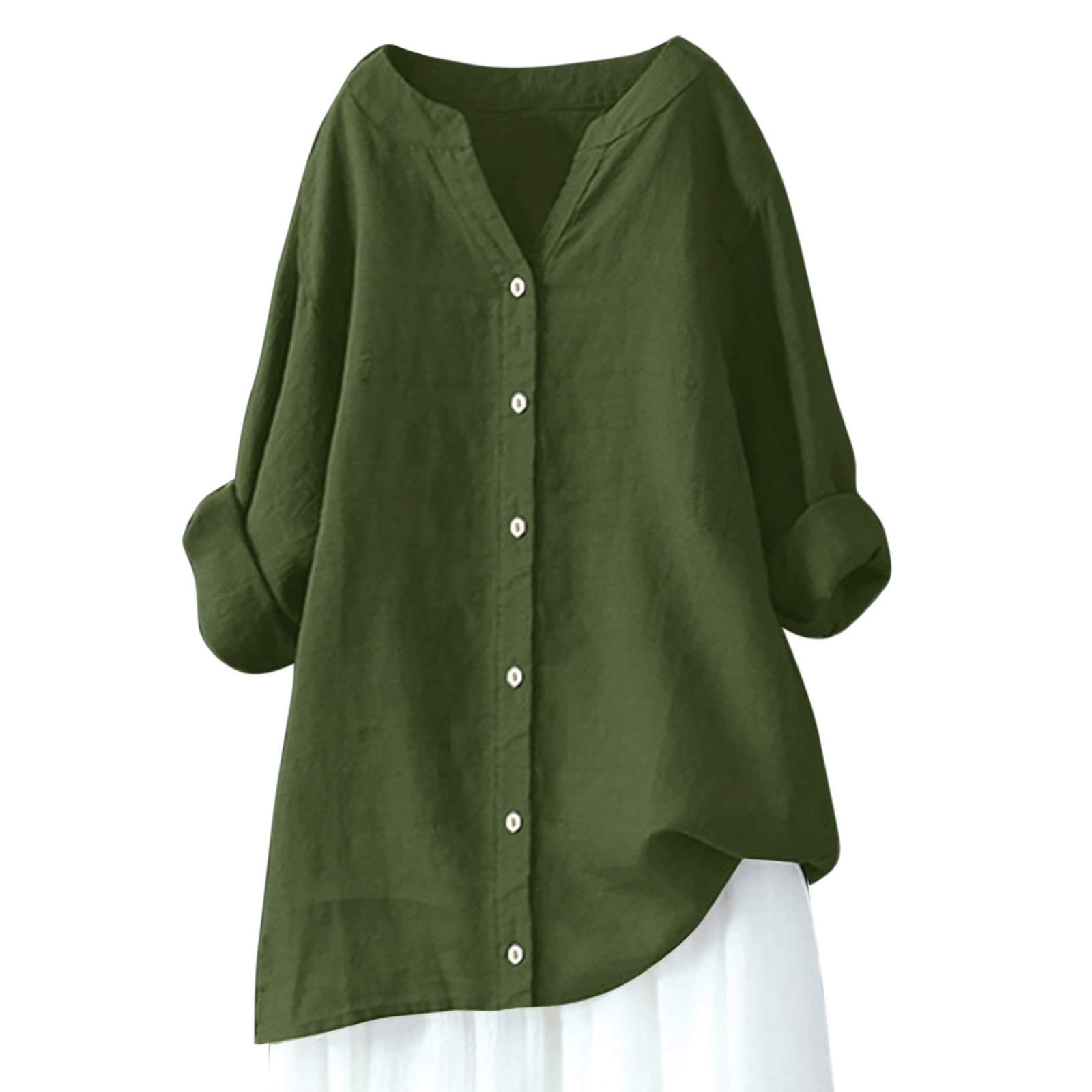 2024 Trendy Women's Summer Linen Tops - V Neck Long Sleeve Casual Button Up Tunic Shirts for Vacation & Beach Wear | Perfect for Travel, Office & Outdoor Activities