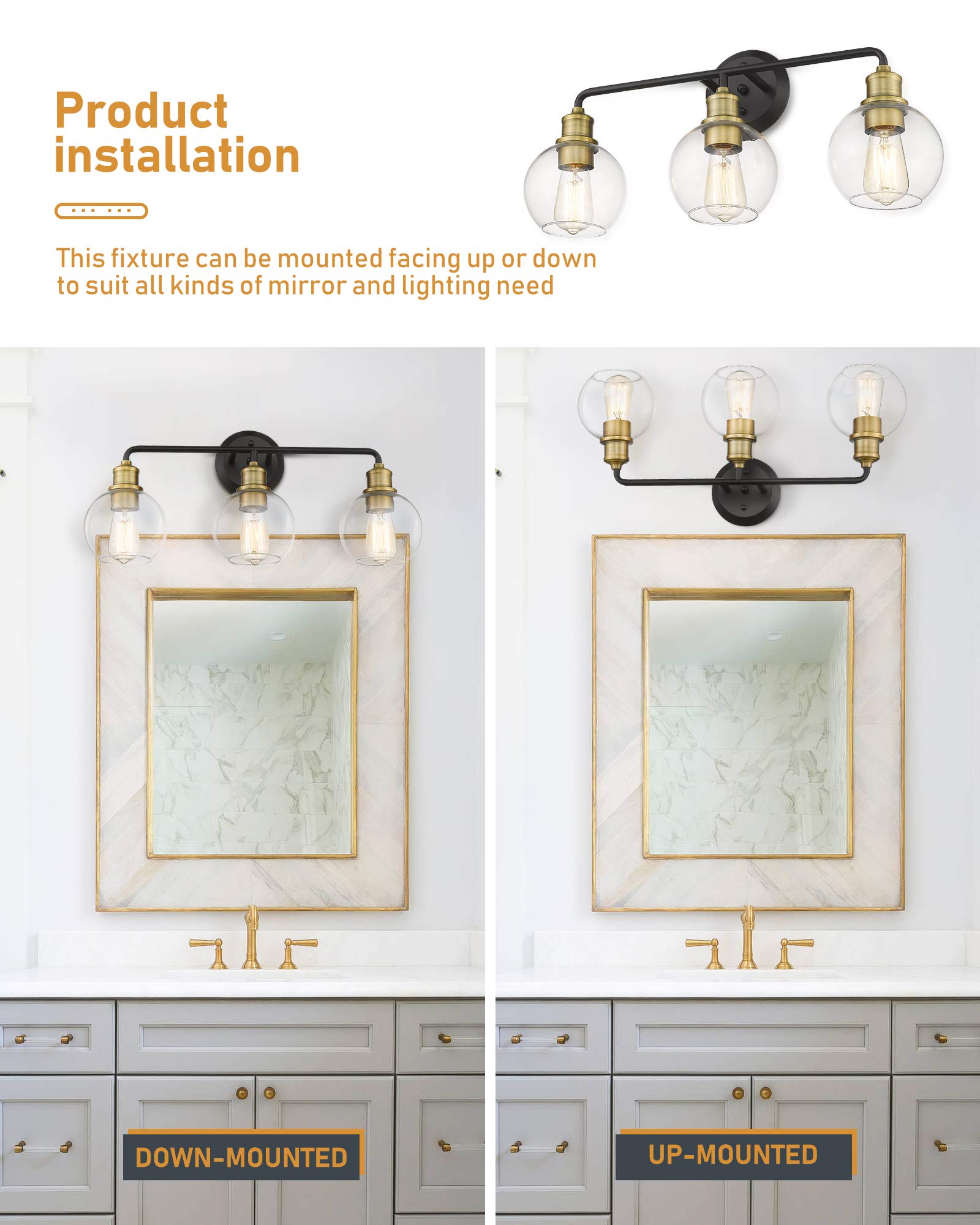3-Light Bathroom Vanity Lights - Matte Black & Antique Brass Finish with Clear Glass Shade - Modern Bathroom Lighting Fixtures for Mirror - Perfect for Bathroom, Powder Room & Dressing Room Makeup Lighting (Model KW-7221-3)
