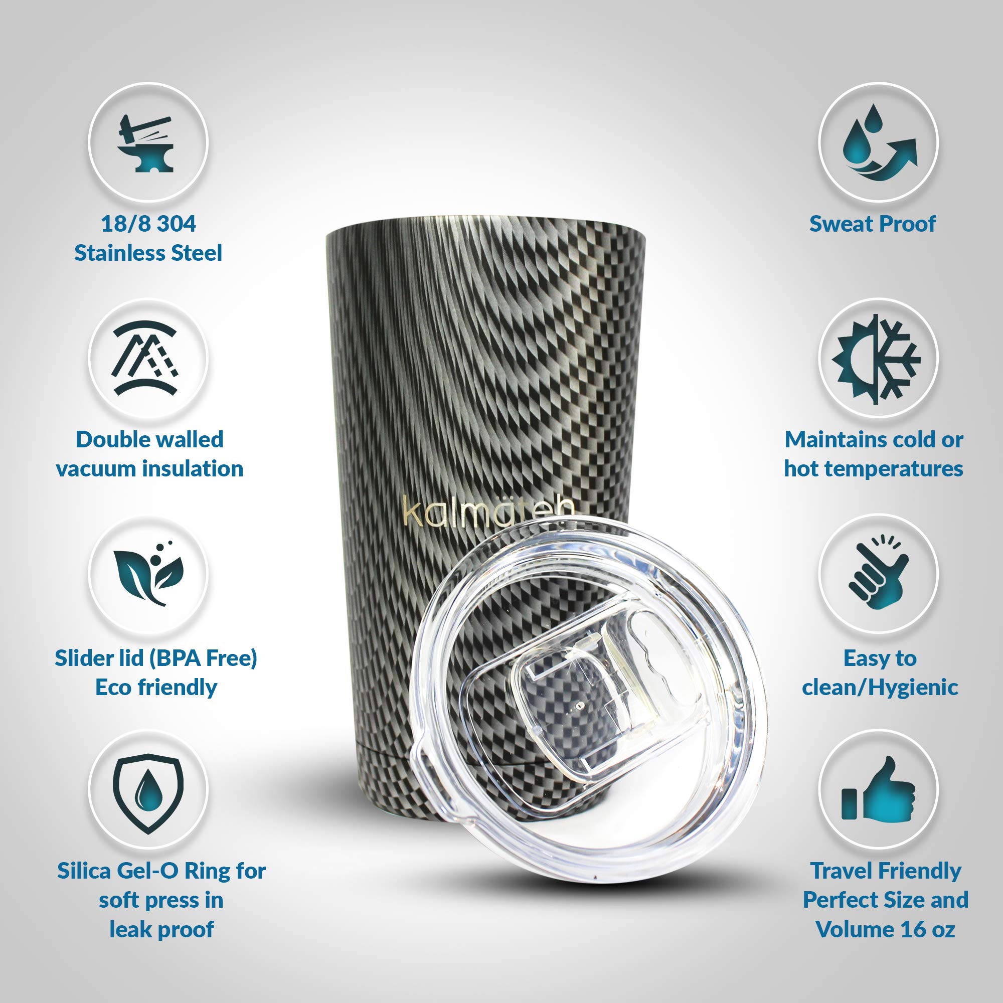 Kalmateh 16 oz Vacuum Insulated Stainless Steel Tumbler with Slider Lid - Leakproof Travel Mug for Hot & Cold Drinks - Perfect for Office, Gym, Hiking & Car Commute - Includes Gift Box