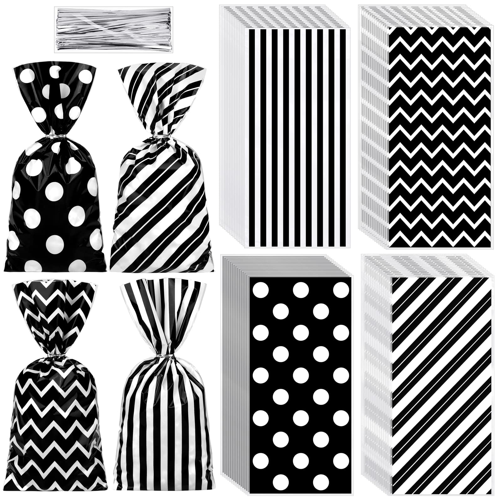 Aodaer 100-Pack Black & White Striped Polka Dot Printed Cellophane Candy Bags with Twist Ties - Plastic Treat Bags for Birthday, Wedding, Baby Shower Party Favors - Perfect for Candy, Cookies, Small Gifts & Party Decorations