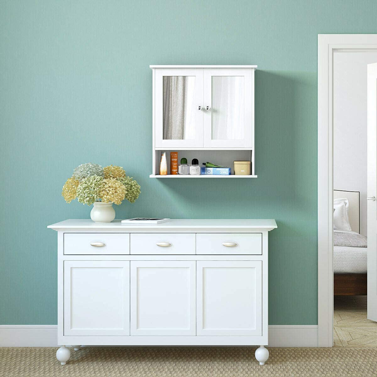 White Wall Mounted Wooden Bathroom Cabinet with Double Mirror Doors - Over Toilet Storage Organizer with Round Knobs for Bathroom, Kitchen, Bedroom - Perfect for Small Space Organization & Home Decor