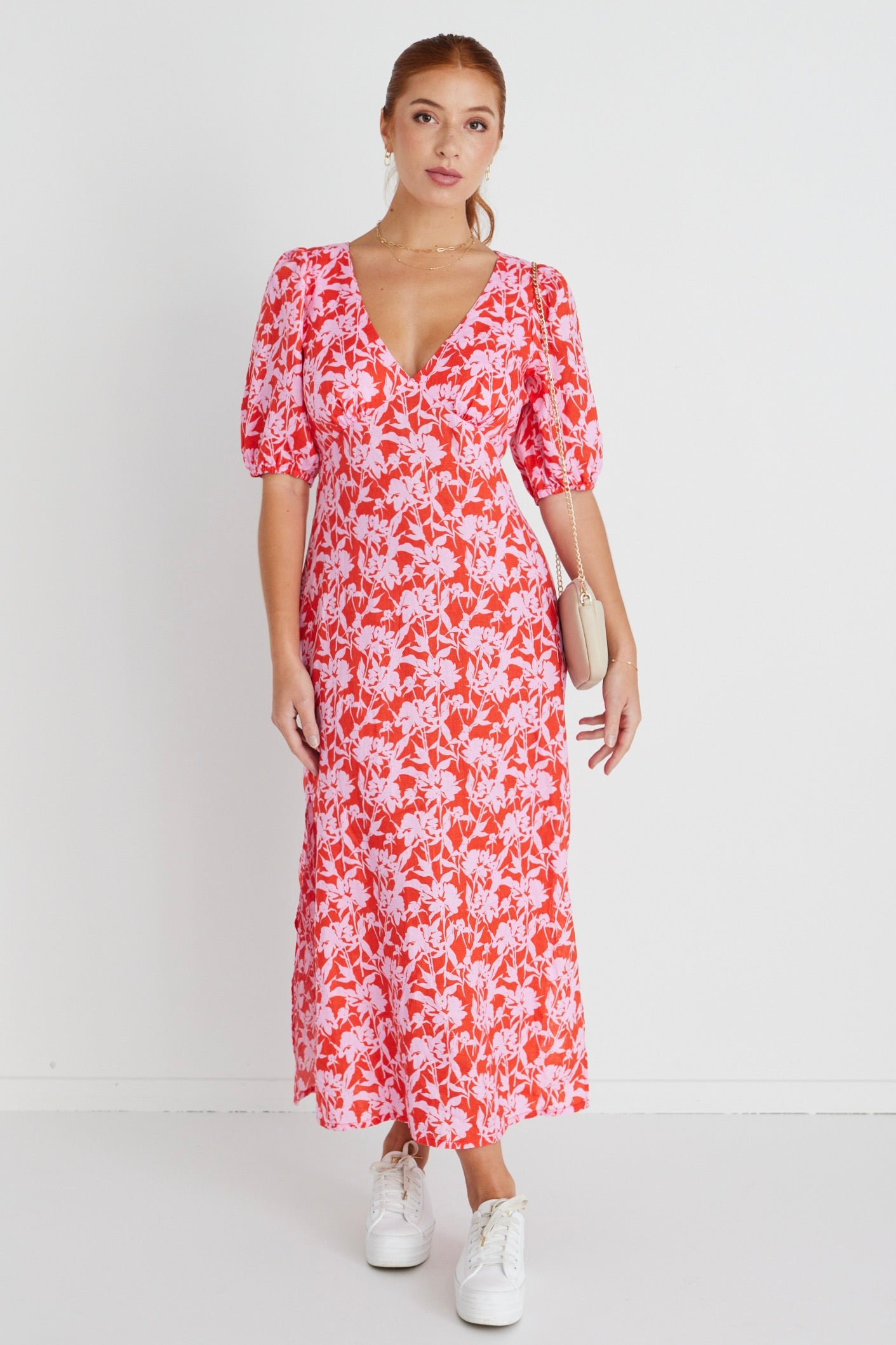 Amora Pink Floral Print Summer Sleeveless Bias Cut Midi Dress - Perfect for Beach Vacations, Garden Parties & Date Nights