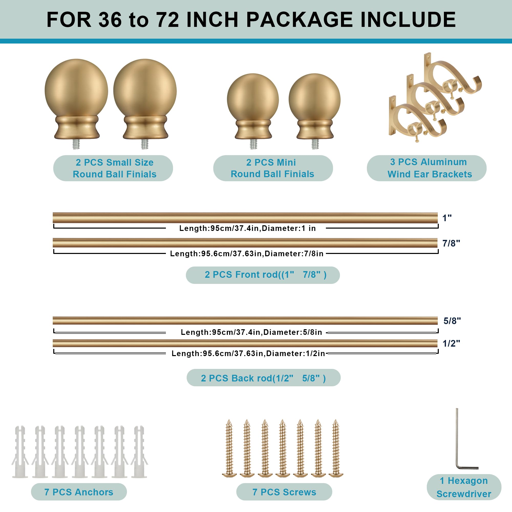 36-72 Inch Adjustable Warm Gold Double Curtain Rod Set - 1’’ Front & 5/8’’ Back Drapery Rod with Small Round Ball Finials & Aluminum Brackets for Sheer/Blackout Curtains - Perfect for Living Room, Bedroom & Bay Windows