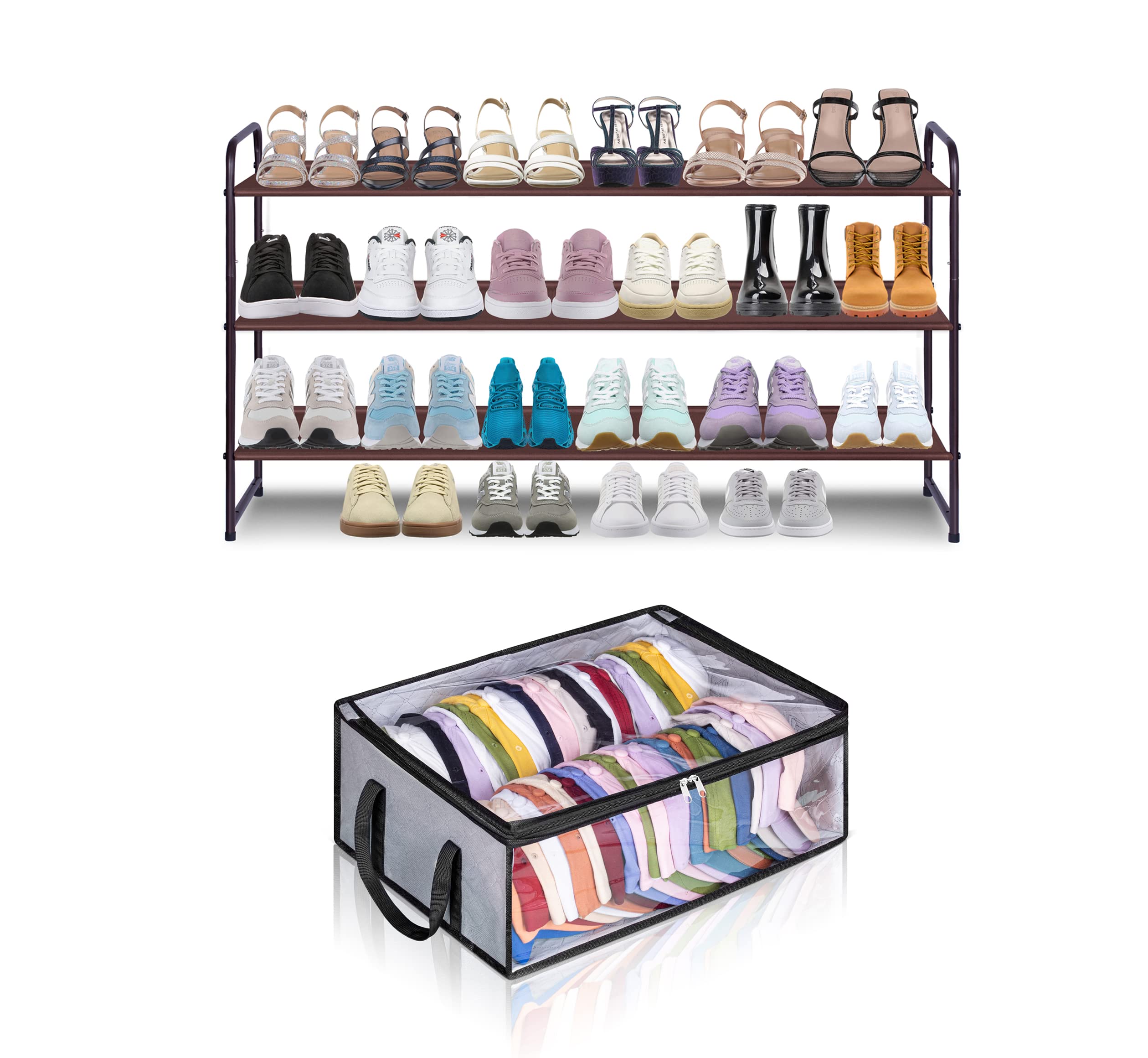 AOODA 3-Tier Stackable Shoe Rack for Closet - Wide Shoe Shelf & Baseball Cap Organizer - Space Saving Storage Solution for Shoes, Hats & Accessories - Perfect for Bedroom, Entryway or Closet Organization