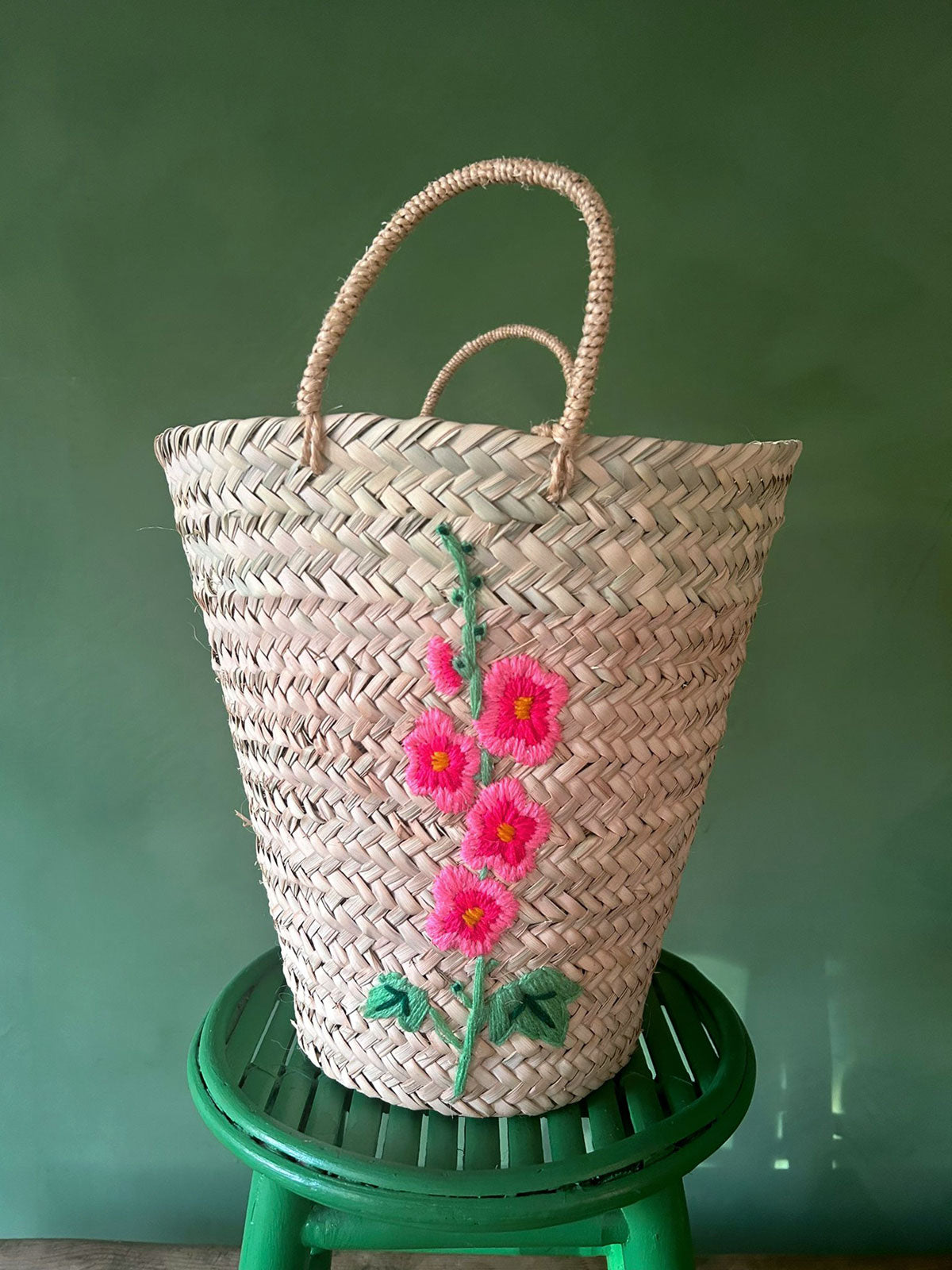Hand Embroidered Woven Basket with Hollyhock Design - Perfect for Home Decor, Storage & Gift Giving - Boho Chic Style for Living Room, Bedroom or Nursery