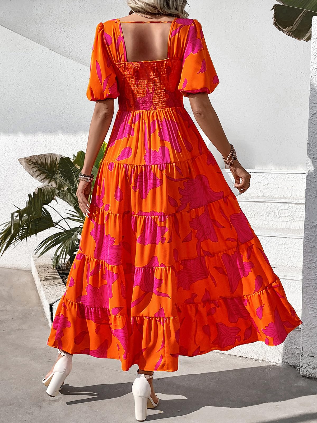 PRETTYGARDEN Women's Floral Summer Maxi Dress 2025 - Puff Sleeve, Smocked Backless, Flowy Tiered Design for Beach, Vacation & Casual Wear | Boho Chic Dress for Outdoor Parties, Date Nights & Summer Getaways