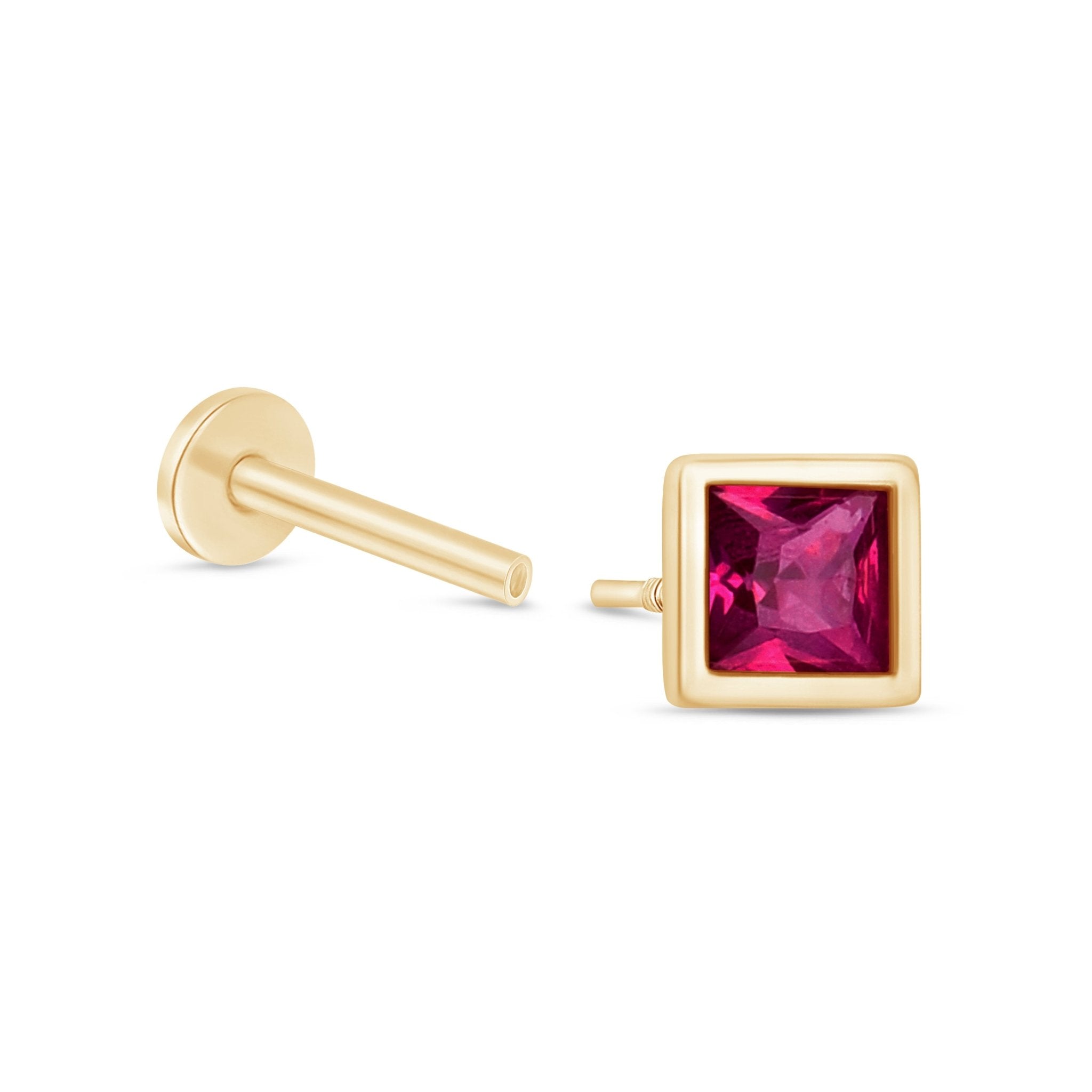 14K Yellow Gold Princess Cut Pink Ruby Stud Earrings - Flat Back Bezel Set for Daily Wear & Special Occasions