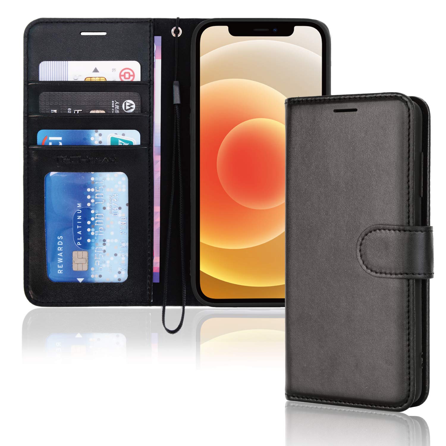 TECHGEAR iPhone 12 / 12 Pro Leather Wallet Case - Premium PU Leather Flip Cover with Magnetic Closure, Card Holder, Stand & Wrist Strap | Protective Phone Case for iPhone 12/12 Pro 6.1