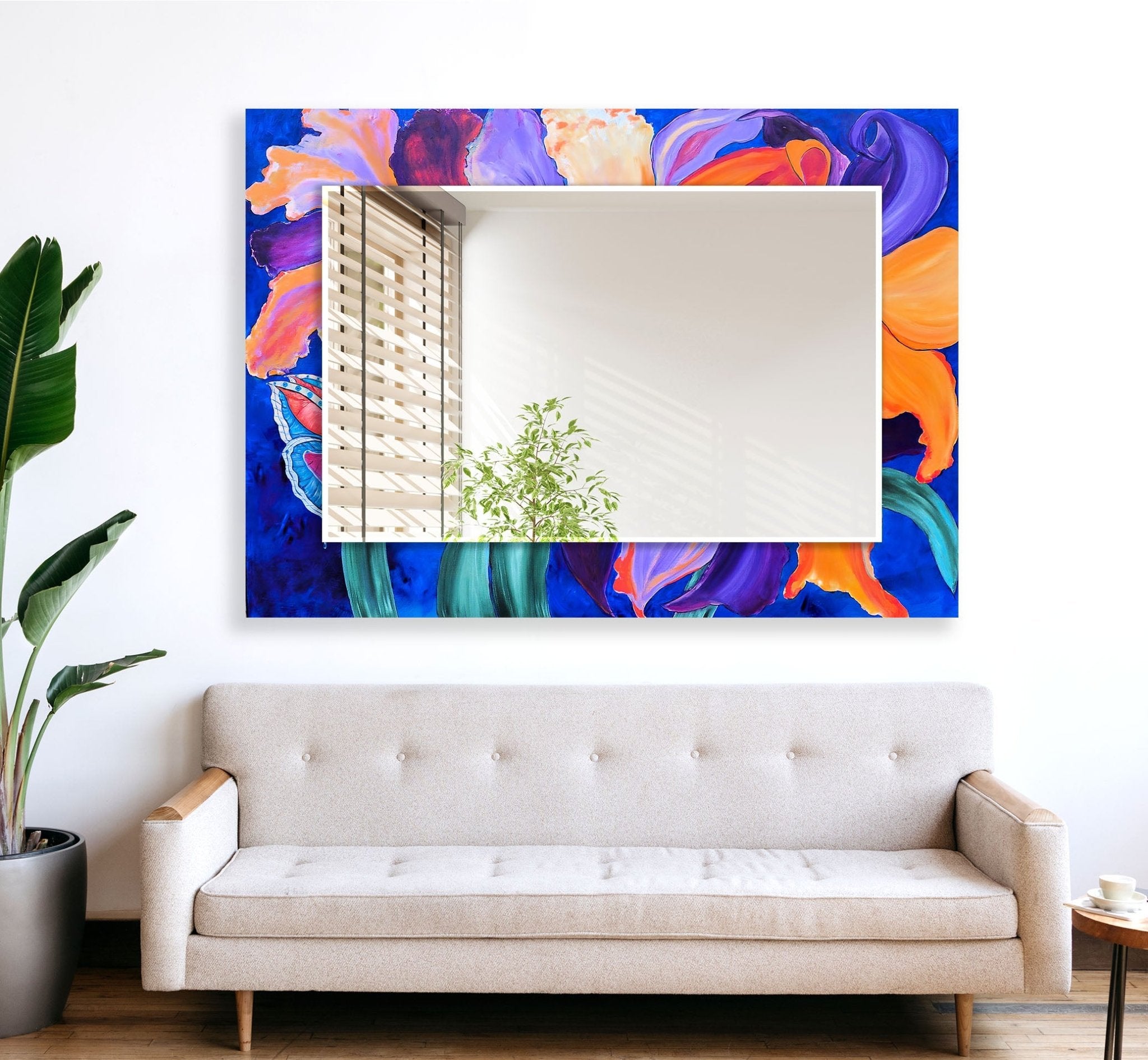 Abstract Purple Flower Painting Wall Mirror - Elegant Home Decor for Living Room, Bedroom & Bathroom | Perfect for Modern & Bohemian Interior Design