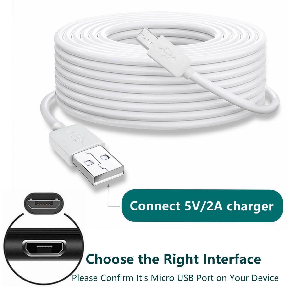 32-Foot (10M) Power Extension Cable for Wyze Cam, Yi Camera, NestCam Indoor & More - USB to Micro USB Charging Cord for Home Security Cameras - Perfect for Hard-to-Reach Outlets & Optimal Camera Placement