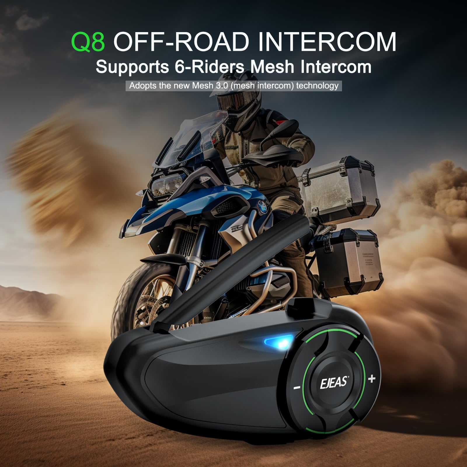 EJEAS Q8 Motorcycle Bluetooth Headset - Upgraded Mesh 3.0 Intercom System with Music Sharing, IP67 Waterproof for 6 Riders Group Communication | Perfect for Group Rides, Road Trips & Adventure Motorcycling