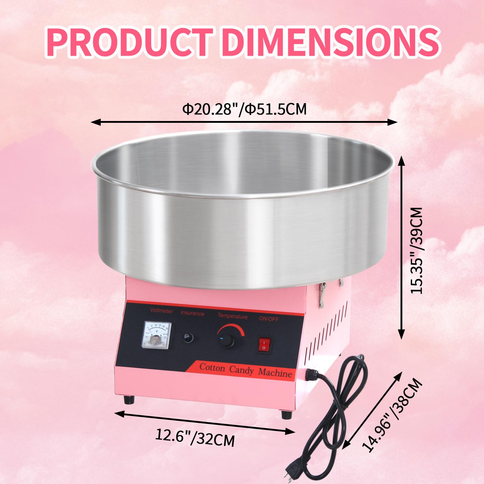Commercial Cotton Candy Machine - Electric Floss Maker with Stainless Steel Bowl (Pink) for Parties, Carnivals, and Events - Perfect for Birthday Celebrations, Weddings, and Business Use
