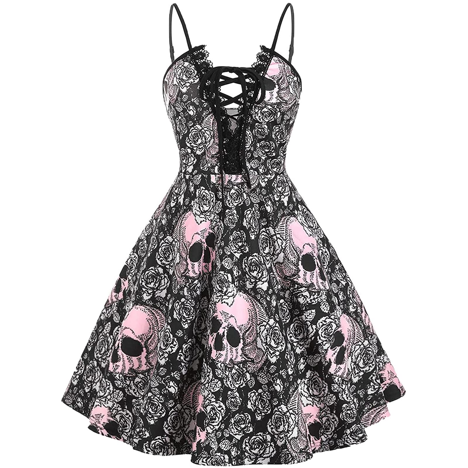 Gothic Steampunk Skeleton Lace Dress for Women - Spaghetti Strap Punk Short Summer Dress | Halloween Costume, Cosplay, Gothic Party Outfit