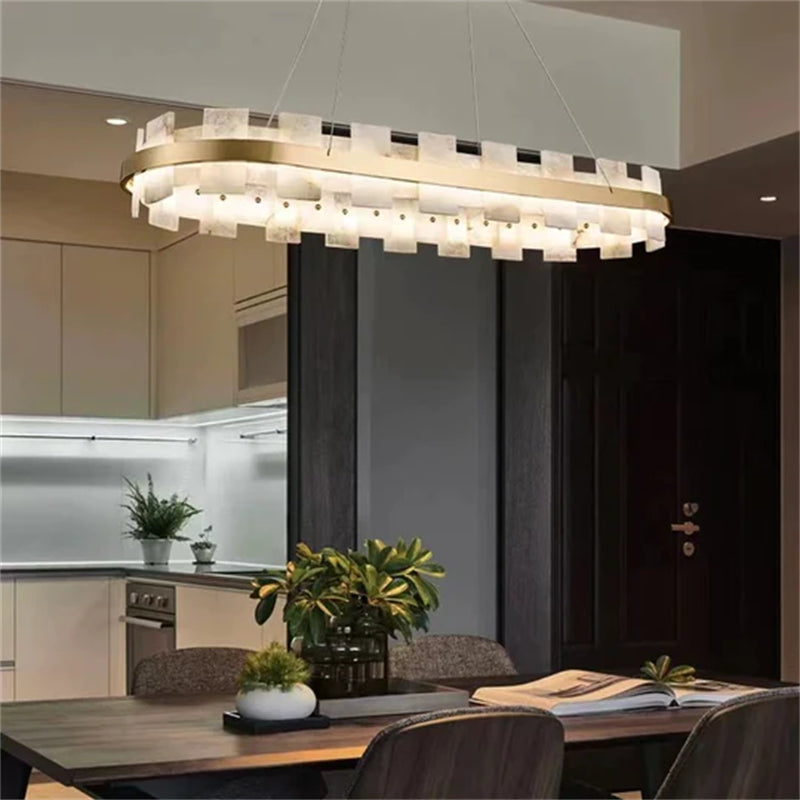 Modern Round Alabaster Chandelier - Elegant Crystal Ceiling Light Fixture for Living Room, Dining Room, Bedroom & Foyer - Merlin Anita Collection