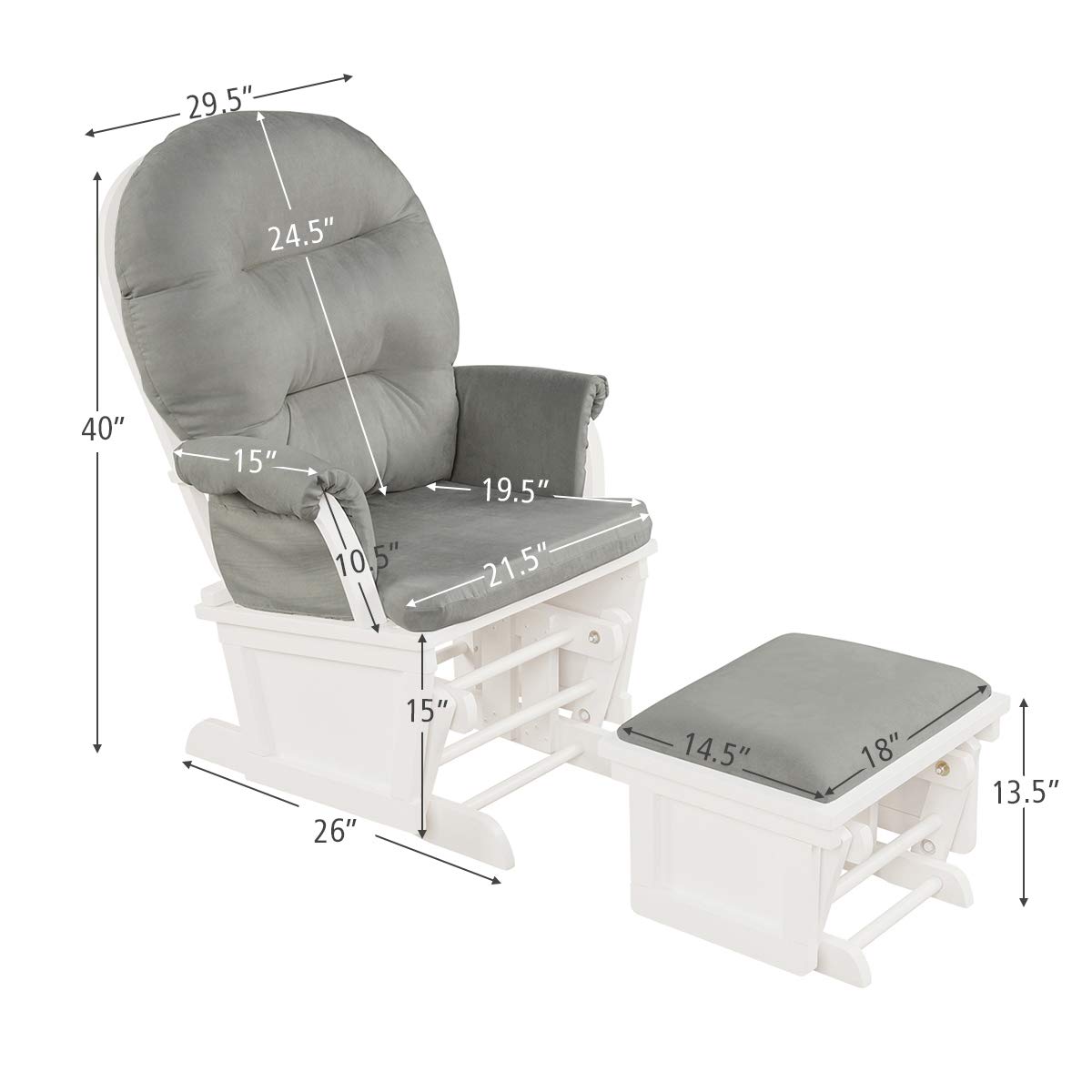 Costzon Baby Glider and Ottoman Set - Light Grey Upholstered Nursery Chair with Padded Armrests & Detachable Cushion | Wooden Rocking Chair for Nursing, Napping & Reading | Perfect for Nursery, Bedroom or Living Room