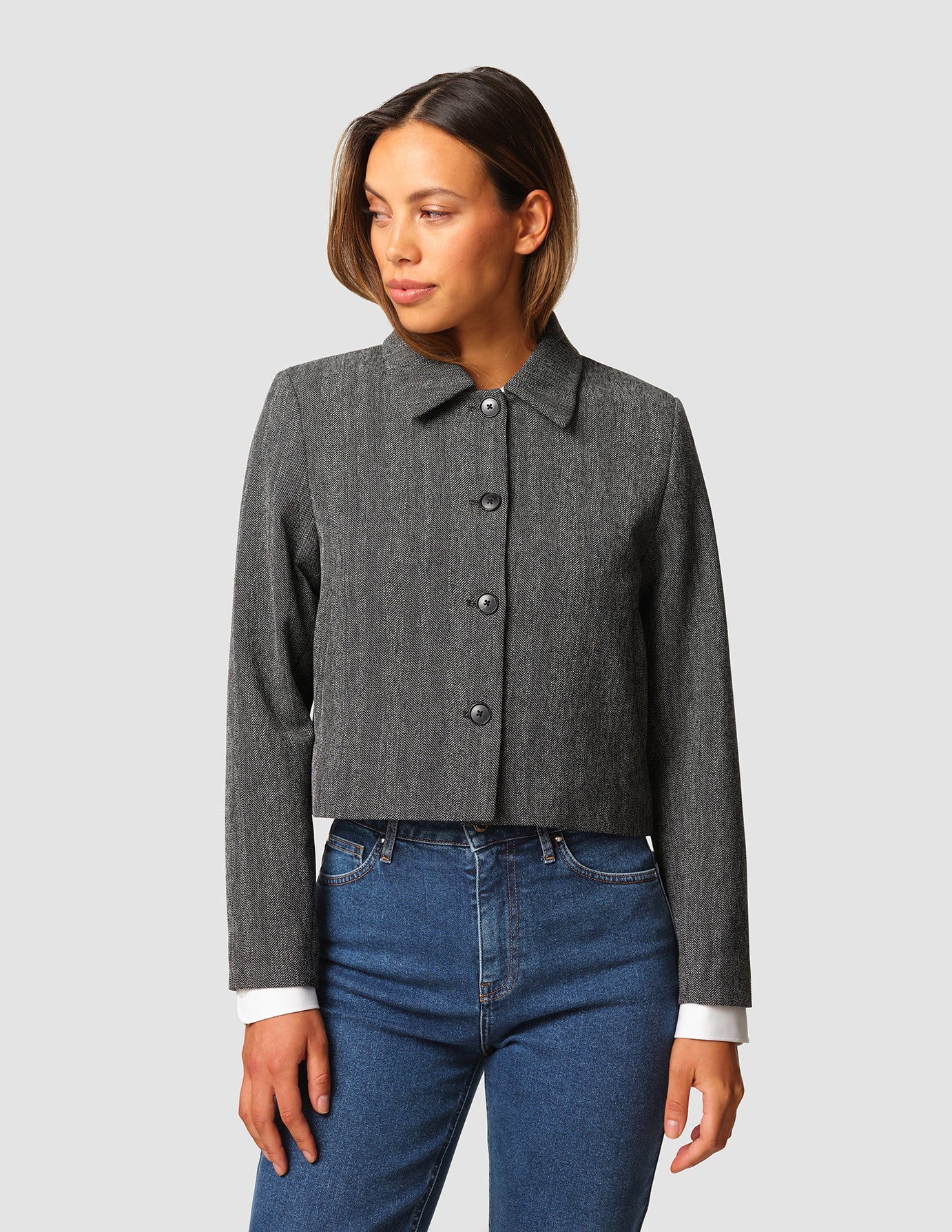 Serene Short Jacket Grey Herringbone - Stylish Women's Outerwear for Fall & Winter | Perfect for Office, Dating & Casual Outings