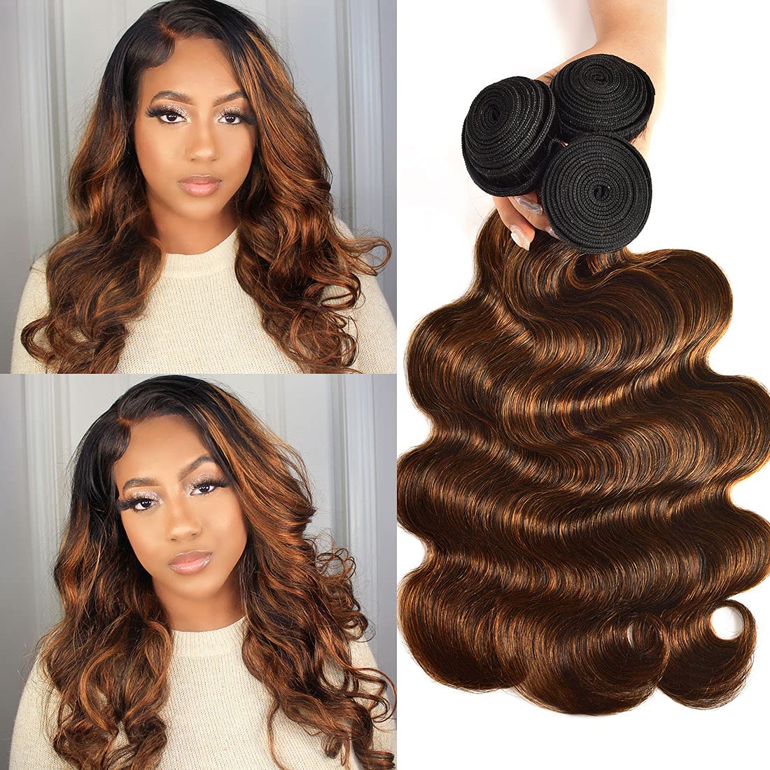 Nadula 12A Brown Balayage Ombre Body Wave Brazilian Human Hair Weave 3 Bundles - Remy Hair Extensions in Chocolate Brown Ombre Color (24, 26, 28 Inches) for Stunning Beach Waves & Everyday Glamour