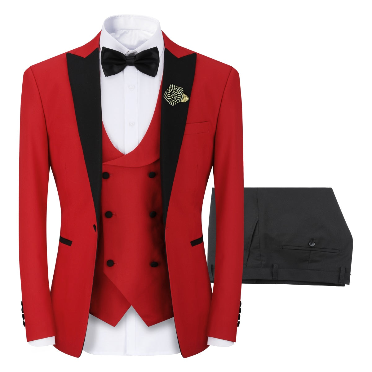 3 Piece Men's Slim Fit One Button Tuxedo Suit with Peaked Lapel - Formal Red Wedding, Prom, Gala & Business Attire for Special Occasions